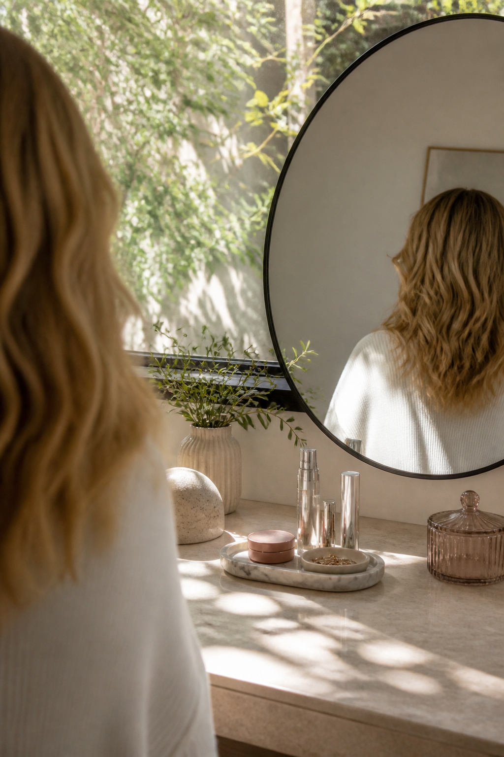 A serene vanity space with beauty essentials and styled hair.