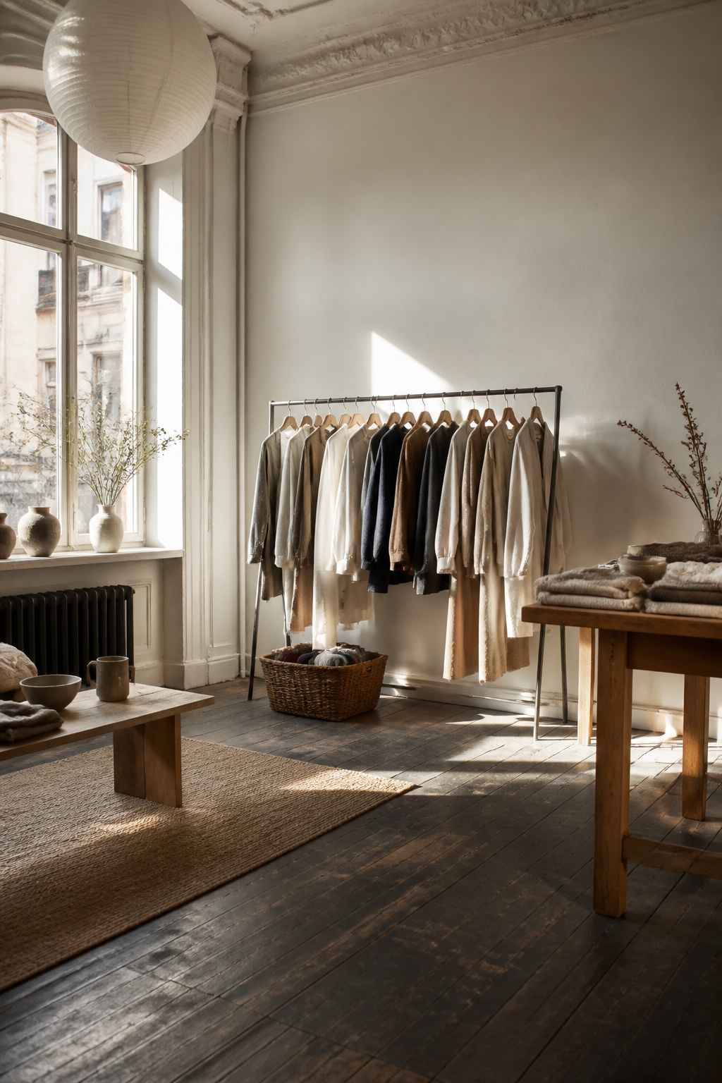 An ensemble of high-quality fabrics emphasizing sustainability.