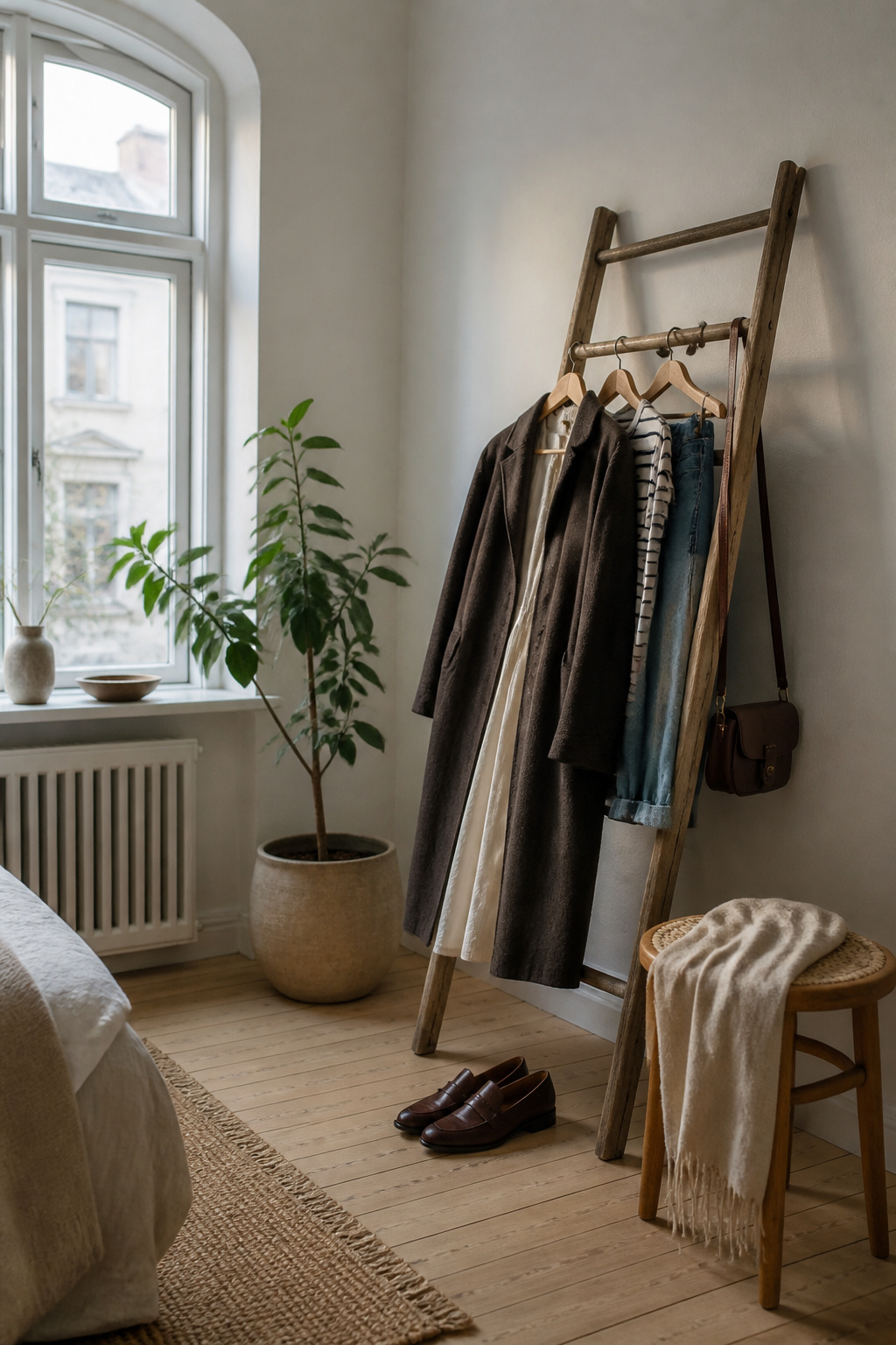A collection of outfits designed for versatility on a wooden ladder.