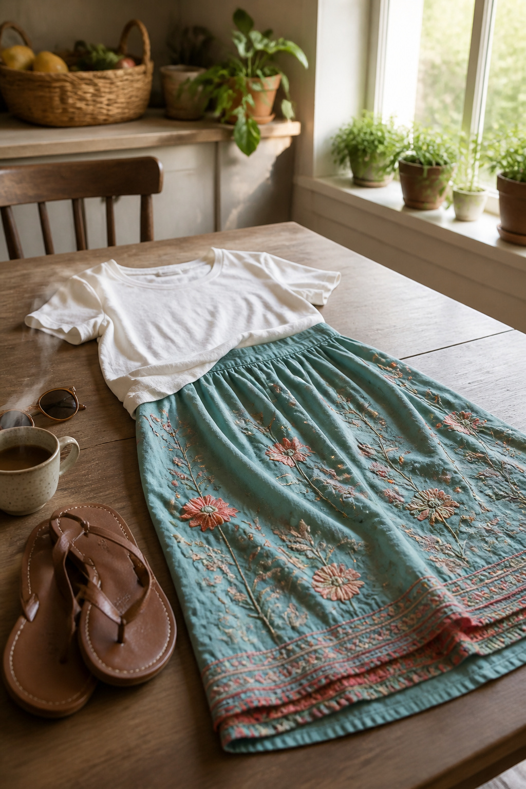 A white t-shirt and colorful embroidered skirt on a wooden table.