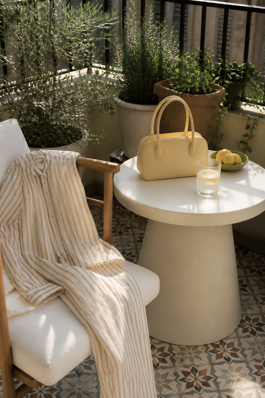 A striped top and bottom with a yellow bag on a balcony.