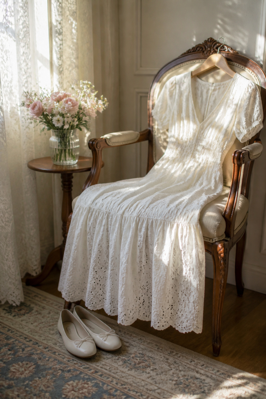 An eyelet midi dress and ballet flats on an antique chair.