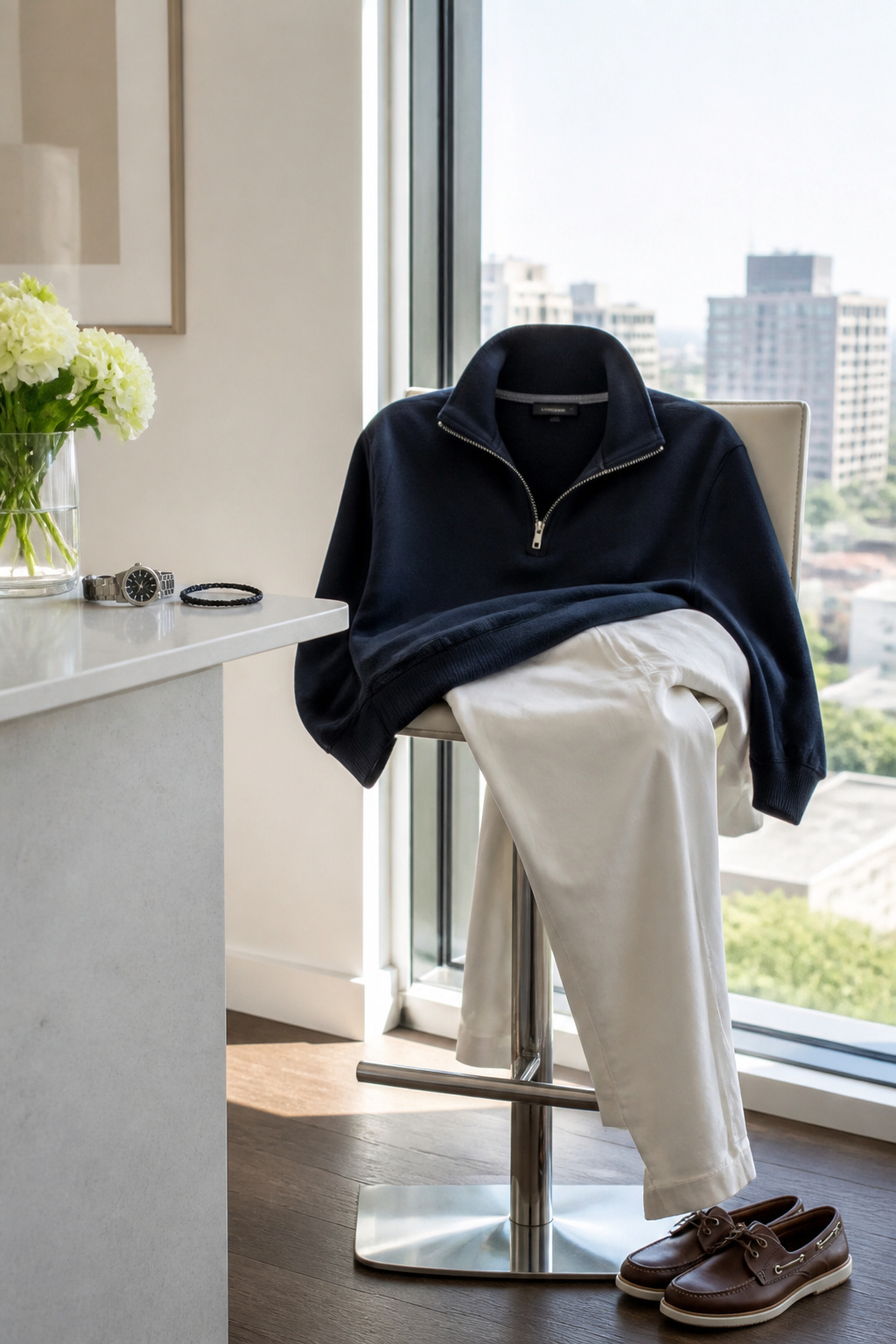 A half-zip sweatshirt and white pants on a bar stool.