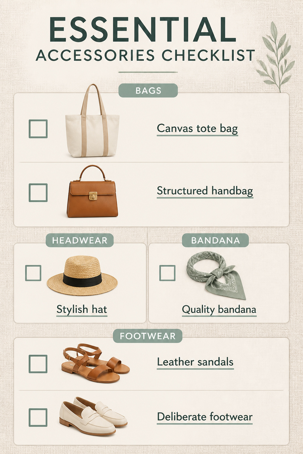 A canvas tote and leather sandals arranged with linen pants.