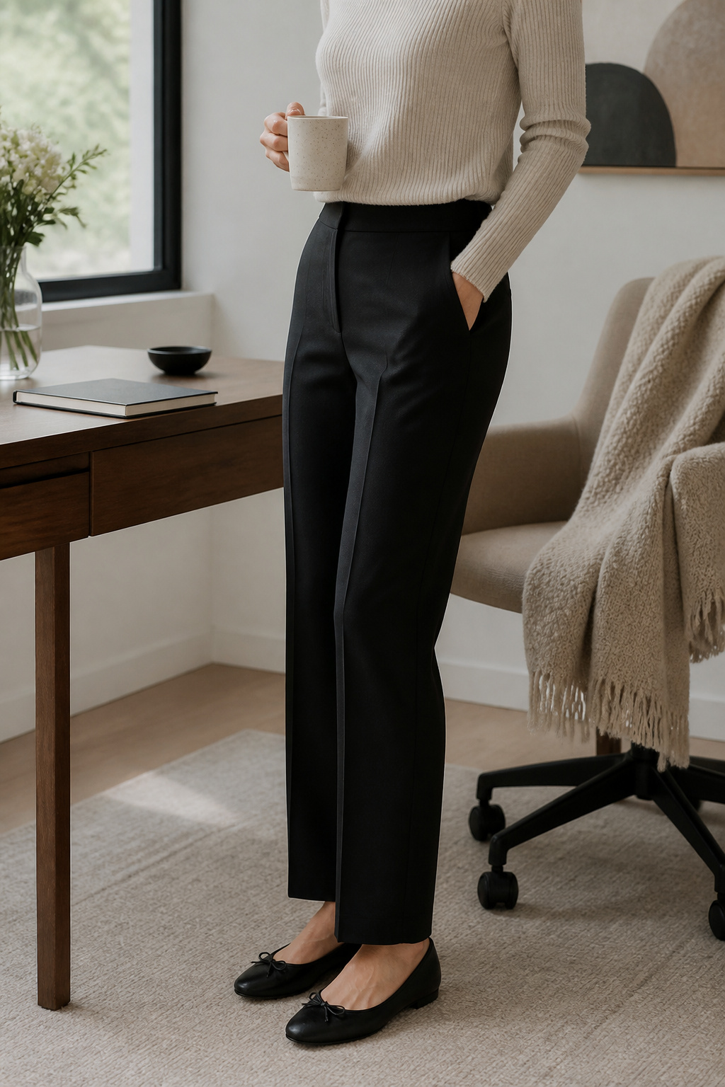 Black tailored trousers and black ballet flats on a gray backdrop.