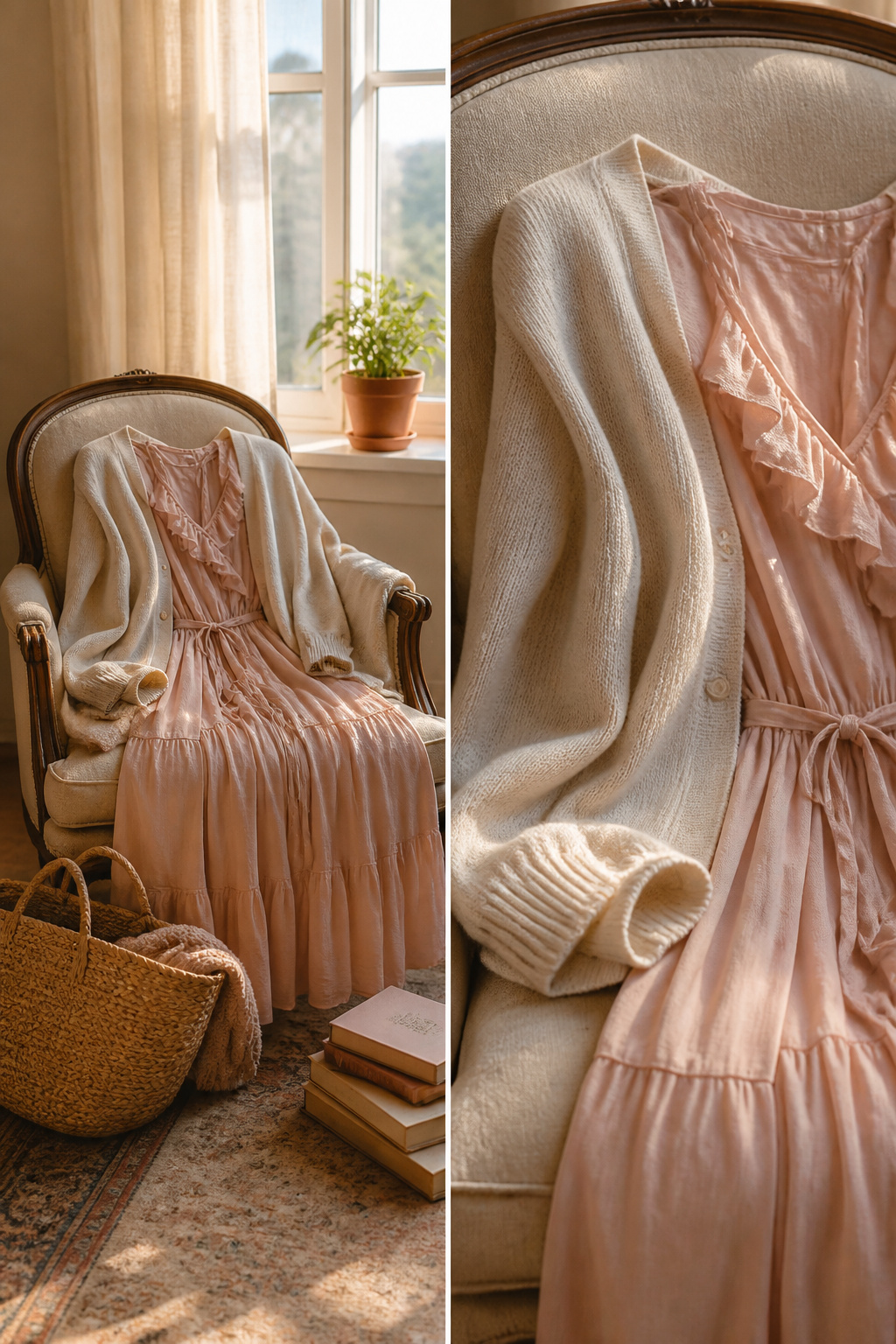 A midi dress and cardigan draped over an antique chair.