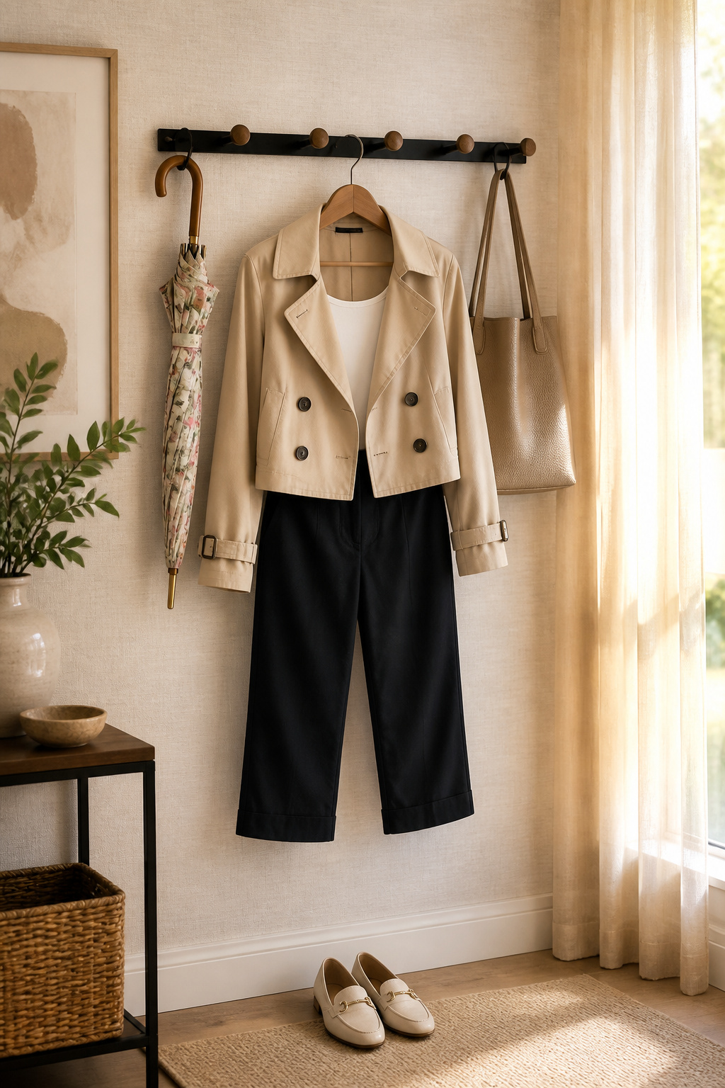 A cropped trench jacket and capris on a hook rack.