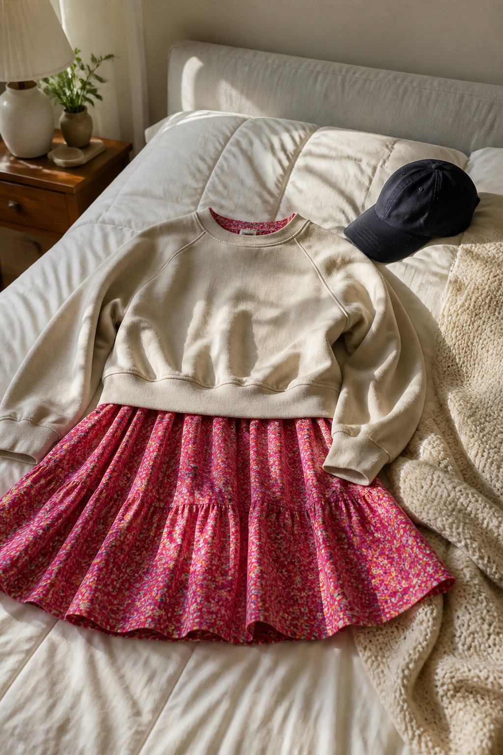 A sweatshirt and fit-and-flare dress laid on a bed.