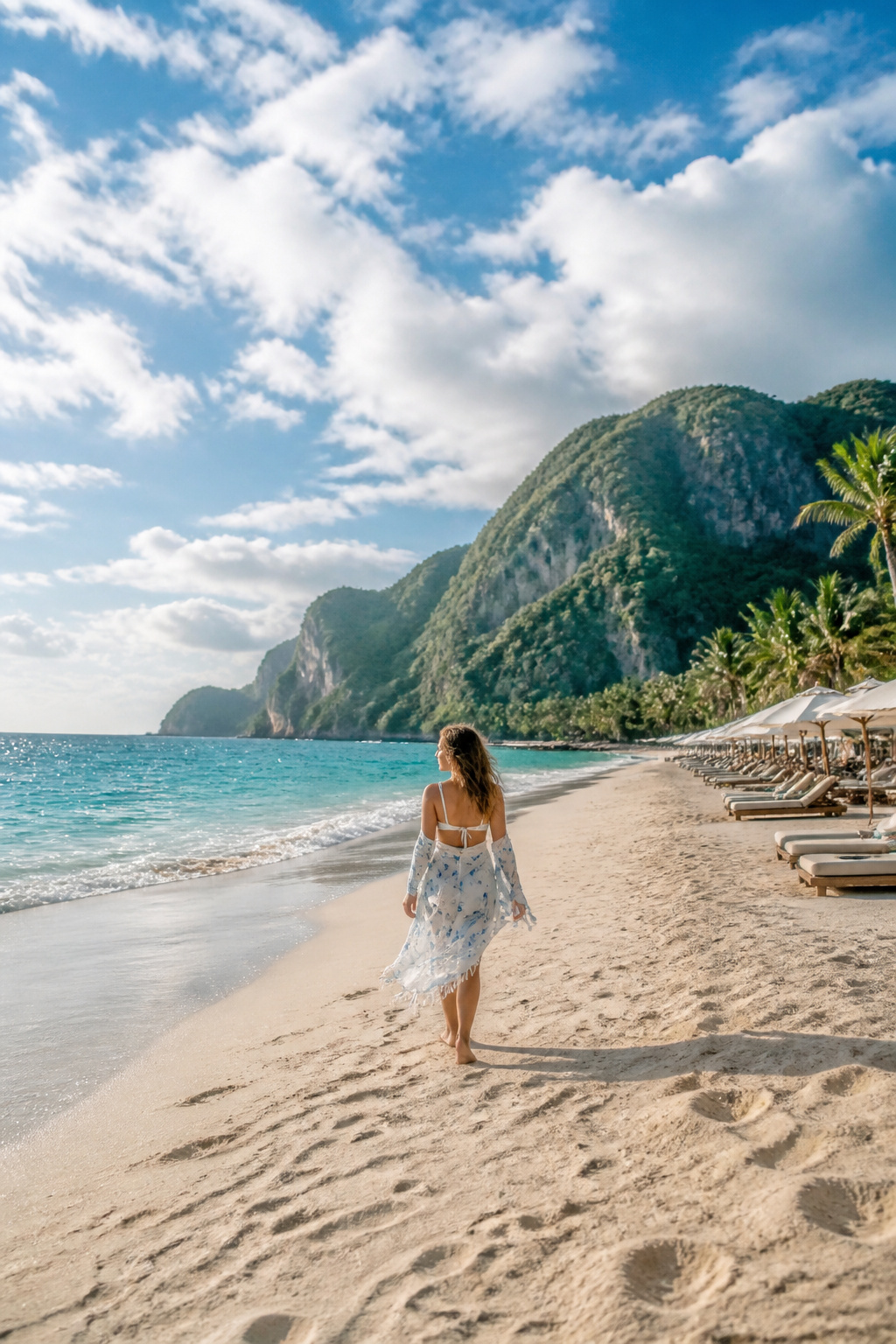 A beach outfit featuring a pareo skirt and oversized button-down over a bikini.