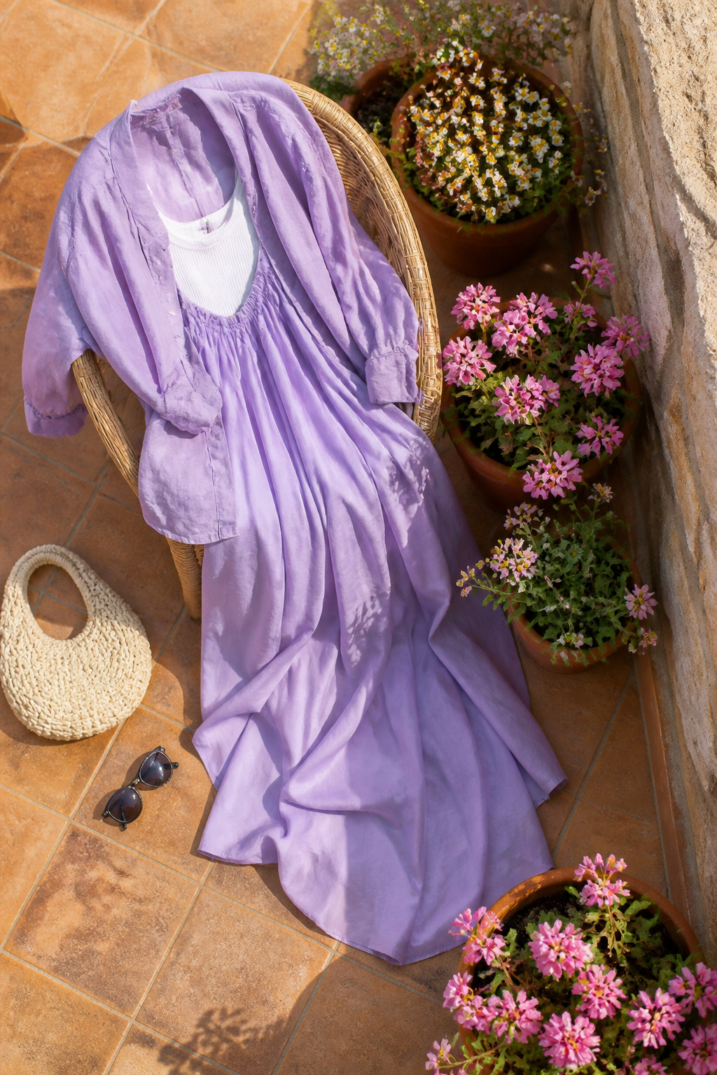 Model in a flowy maxi dress and oversized button-down in a travel setting.