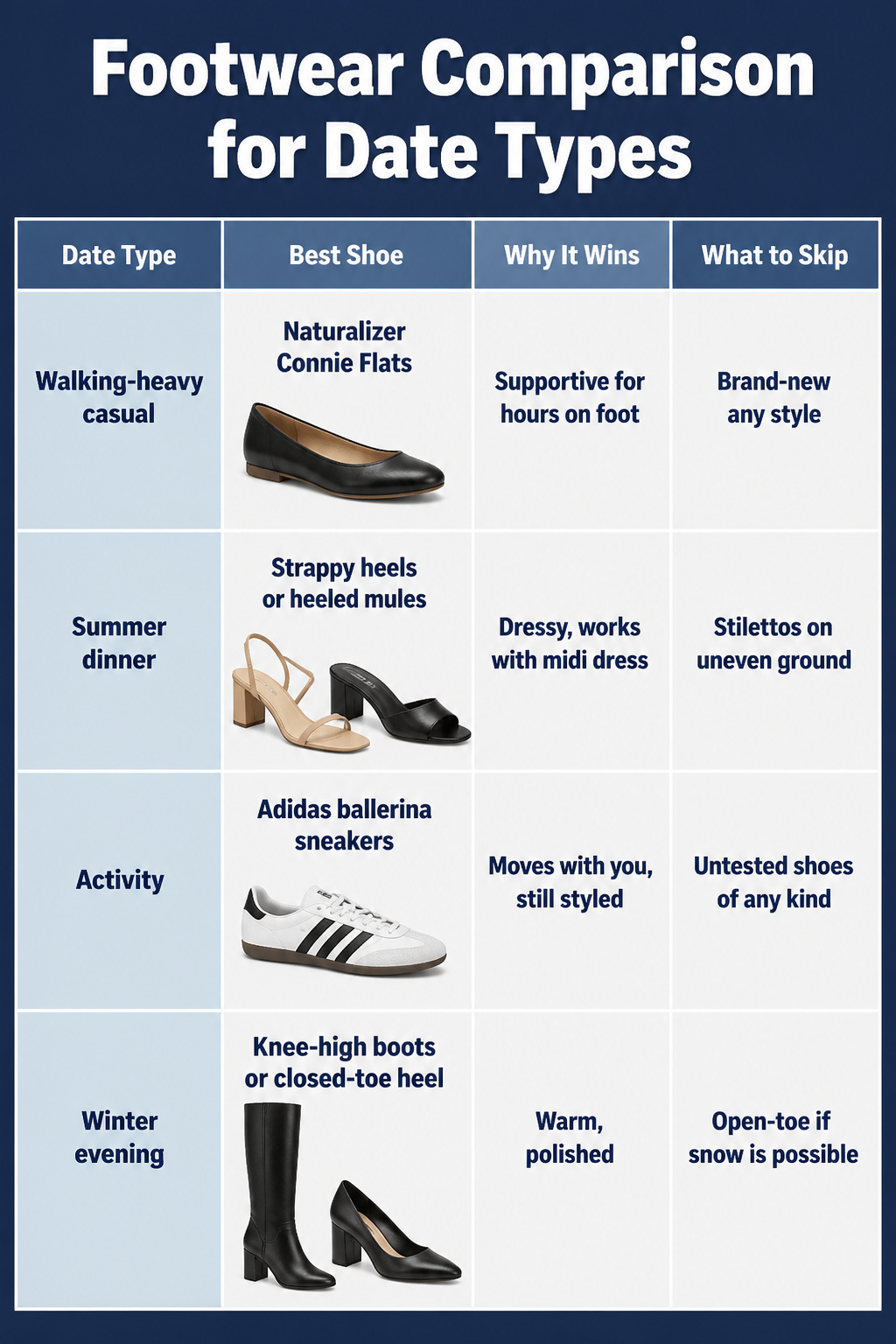 An image illustrating various footwear options for date types.