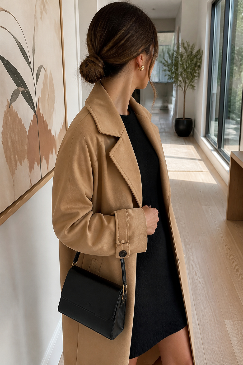 A mid-length camel trench coat over a simple black dress.