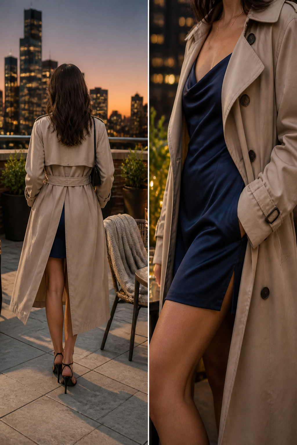 A trench coat belted over a satin minidress creates a stylish look.