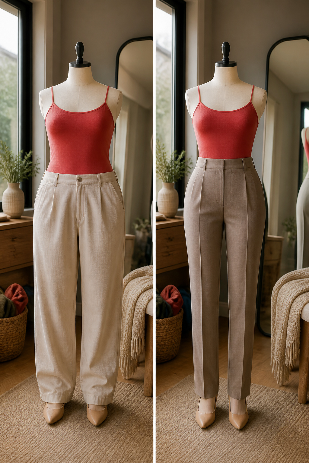 A fitted waistband on high-rise trousers emphasizes body shape.
