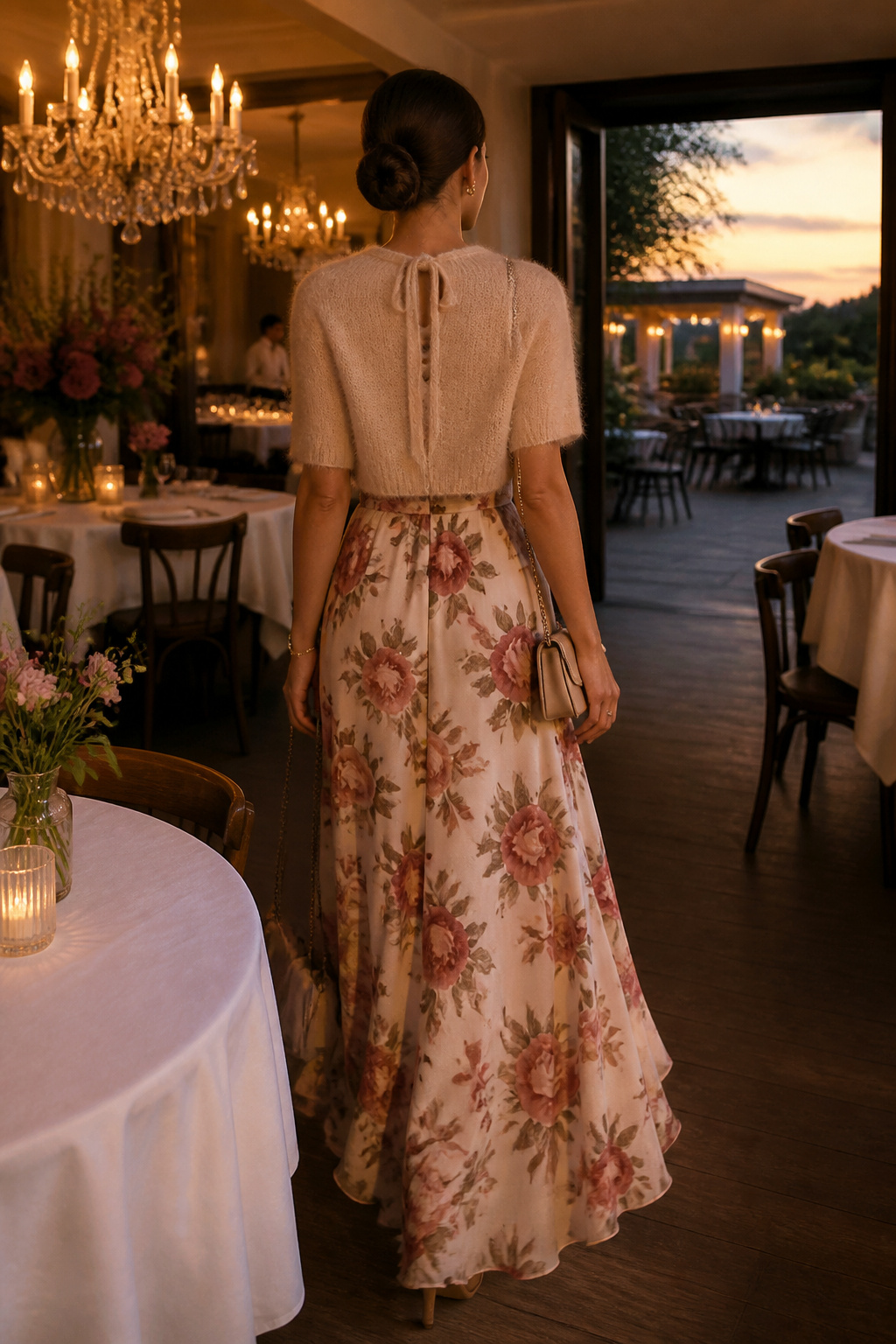 A woman in a floral dress with a cardigan tied at the neck.