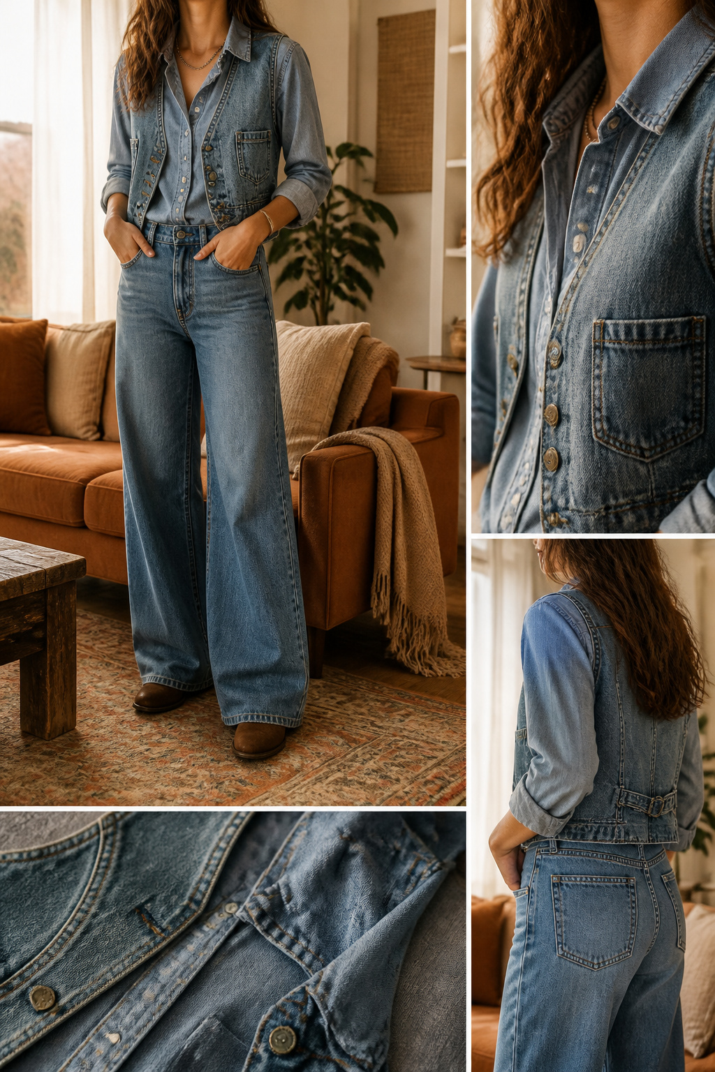 Lightweight denim vest over a chambray shirt.