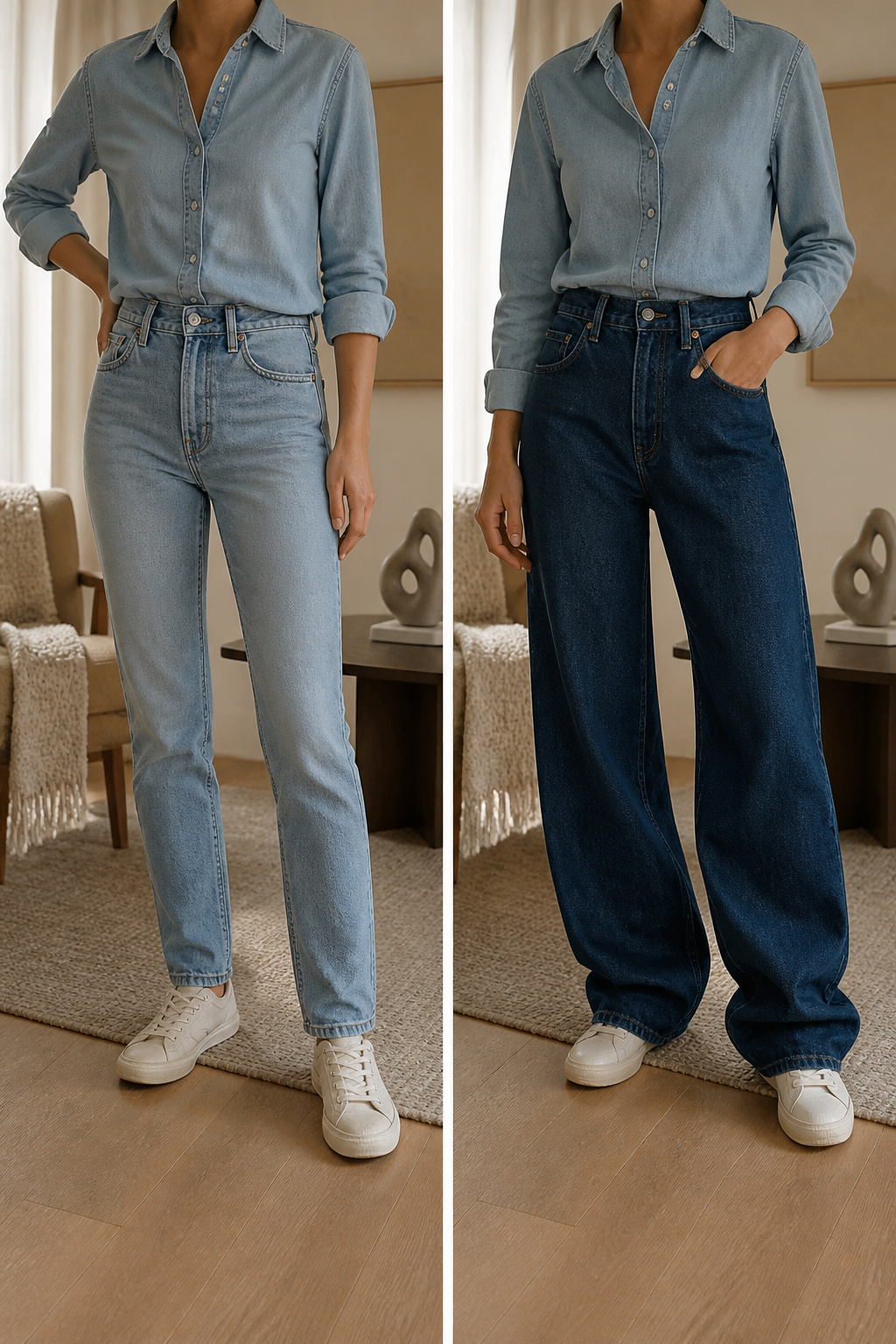 Fitted denim shirt and baggy jeans displayed together.