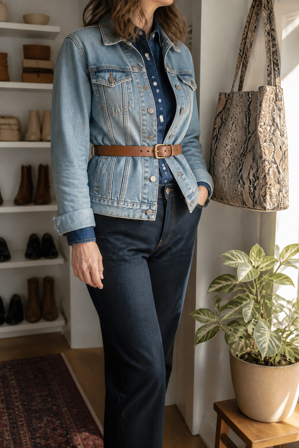 Light denim jacket with a brown leather belt and dark jeans.