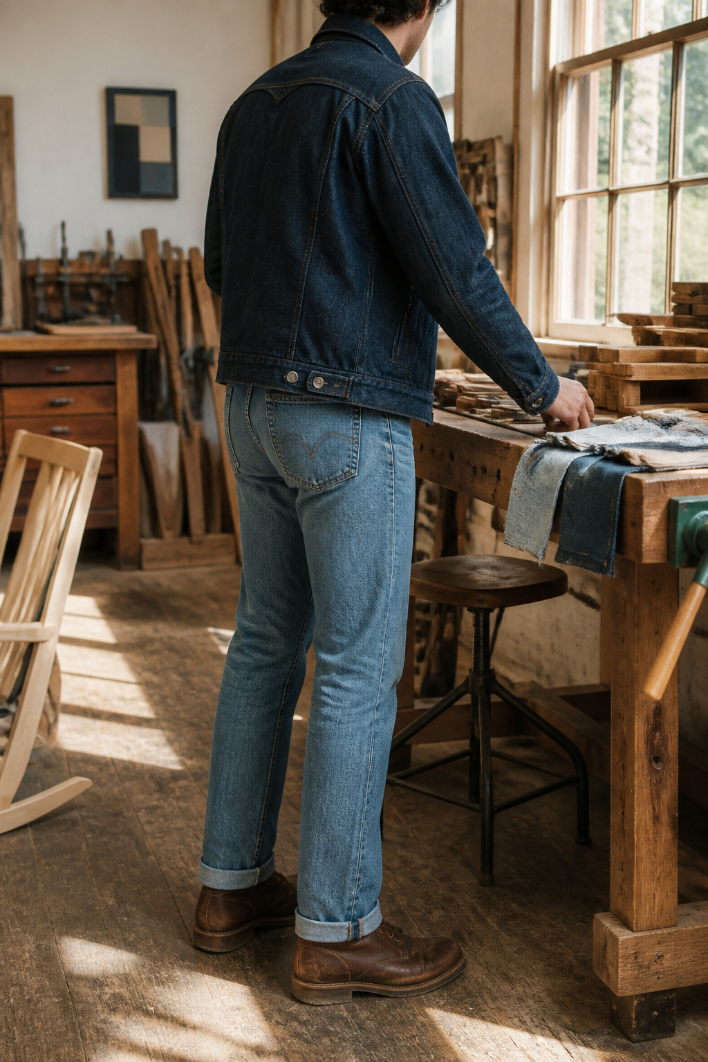 Raw denim jacket layered over light-wash jeans.