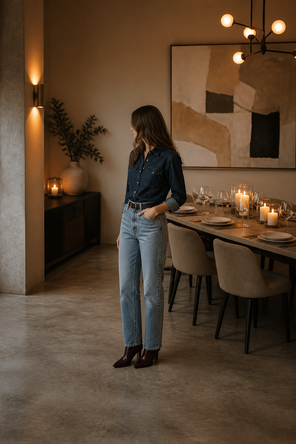 Casual denim outfit with sneakers and heeled boots.