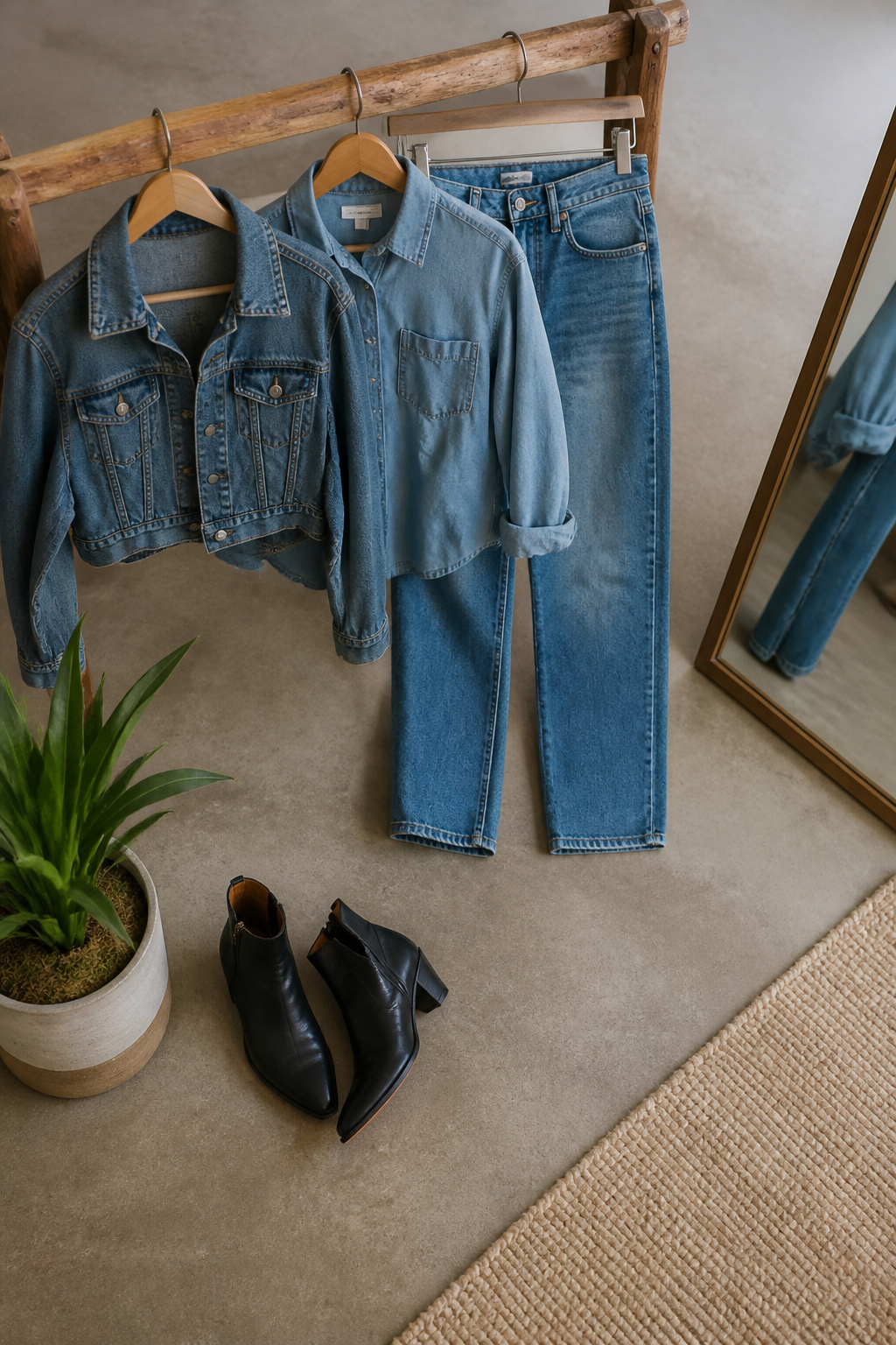 Various denim pieces including jackets, shirts, and jeans.