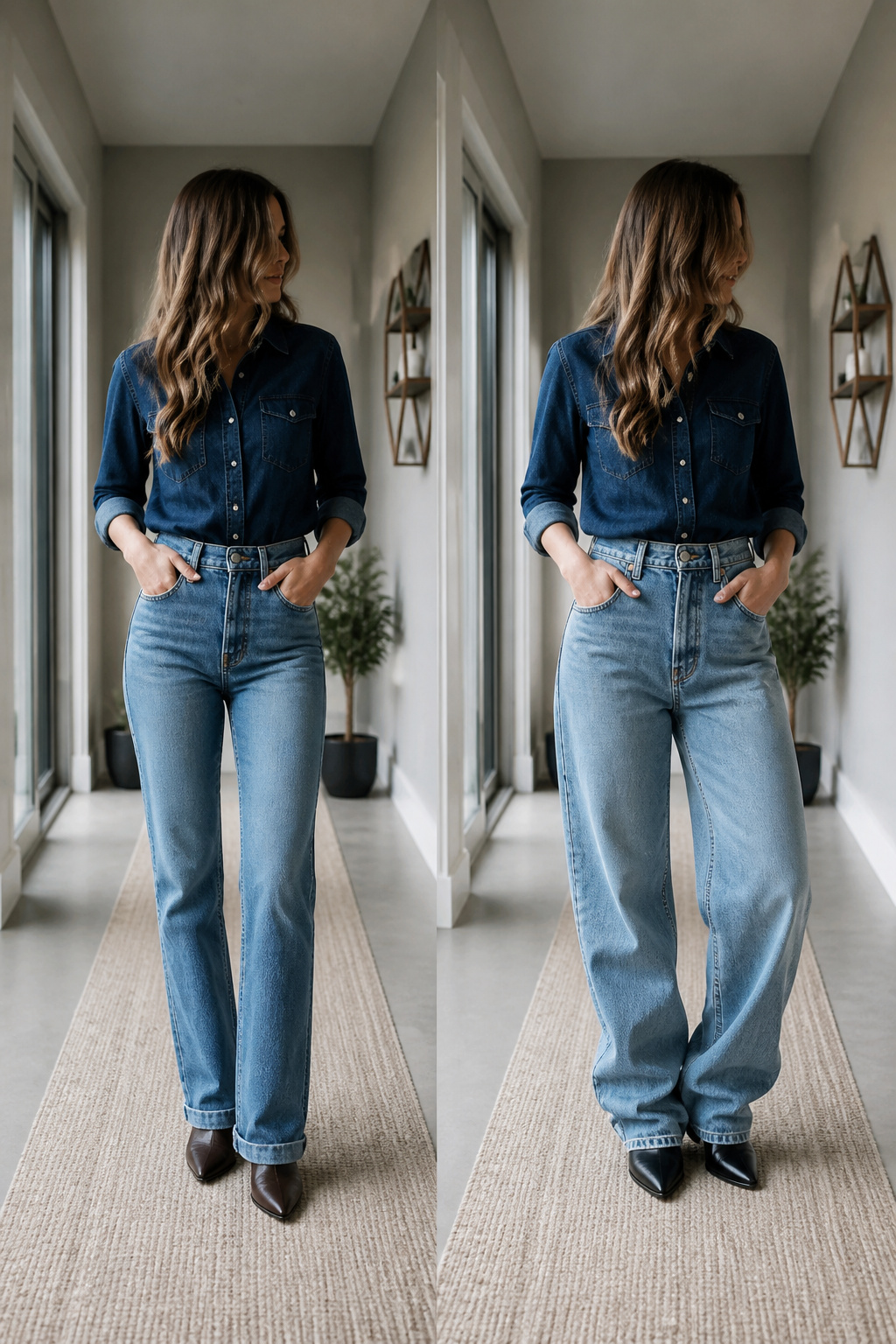 Fitted denim button-down with slouchy straight-leg jeans.