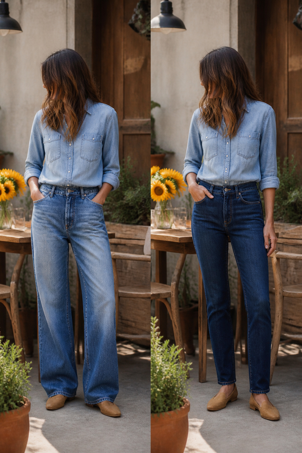 Light chambray shirt paired with dark denim jeans.
