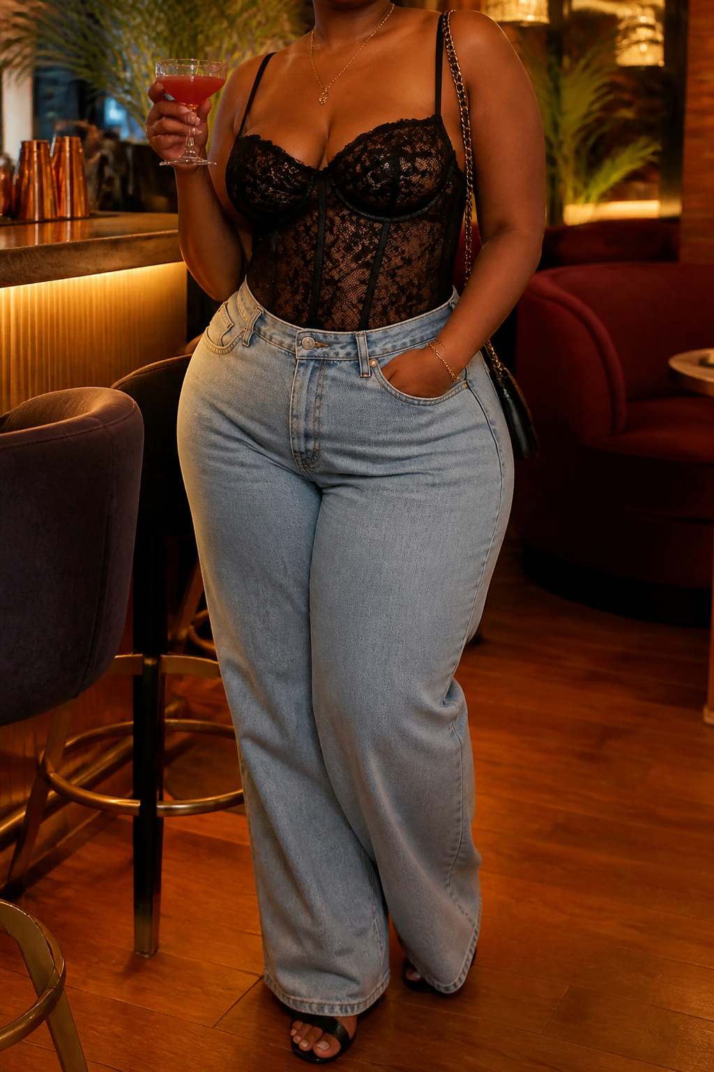 A lacy corset top paired with loose denim in a bar setting.