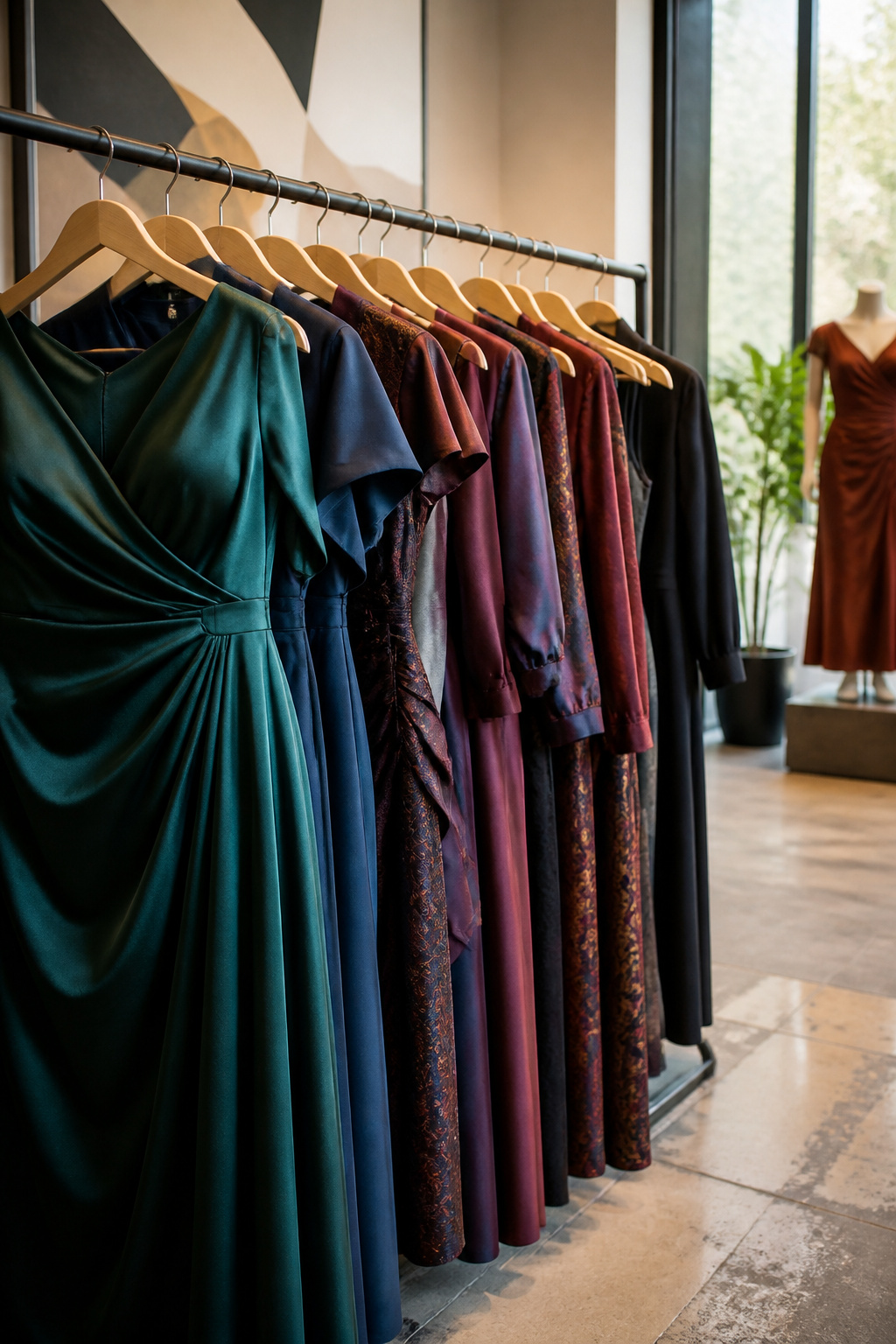 A rack of plus-size clothing showcasing diverse styles and silhouettes.