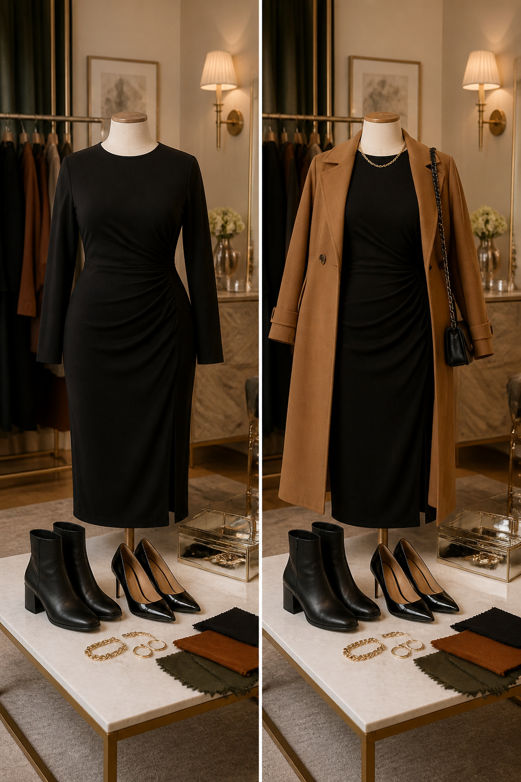 A black midi dress styled with various accessories for different occasions.
