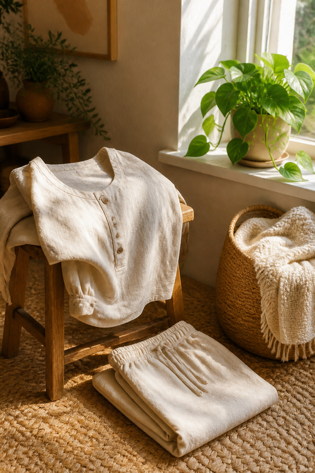 A natural fiber top displayed on a wooden stool.