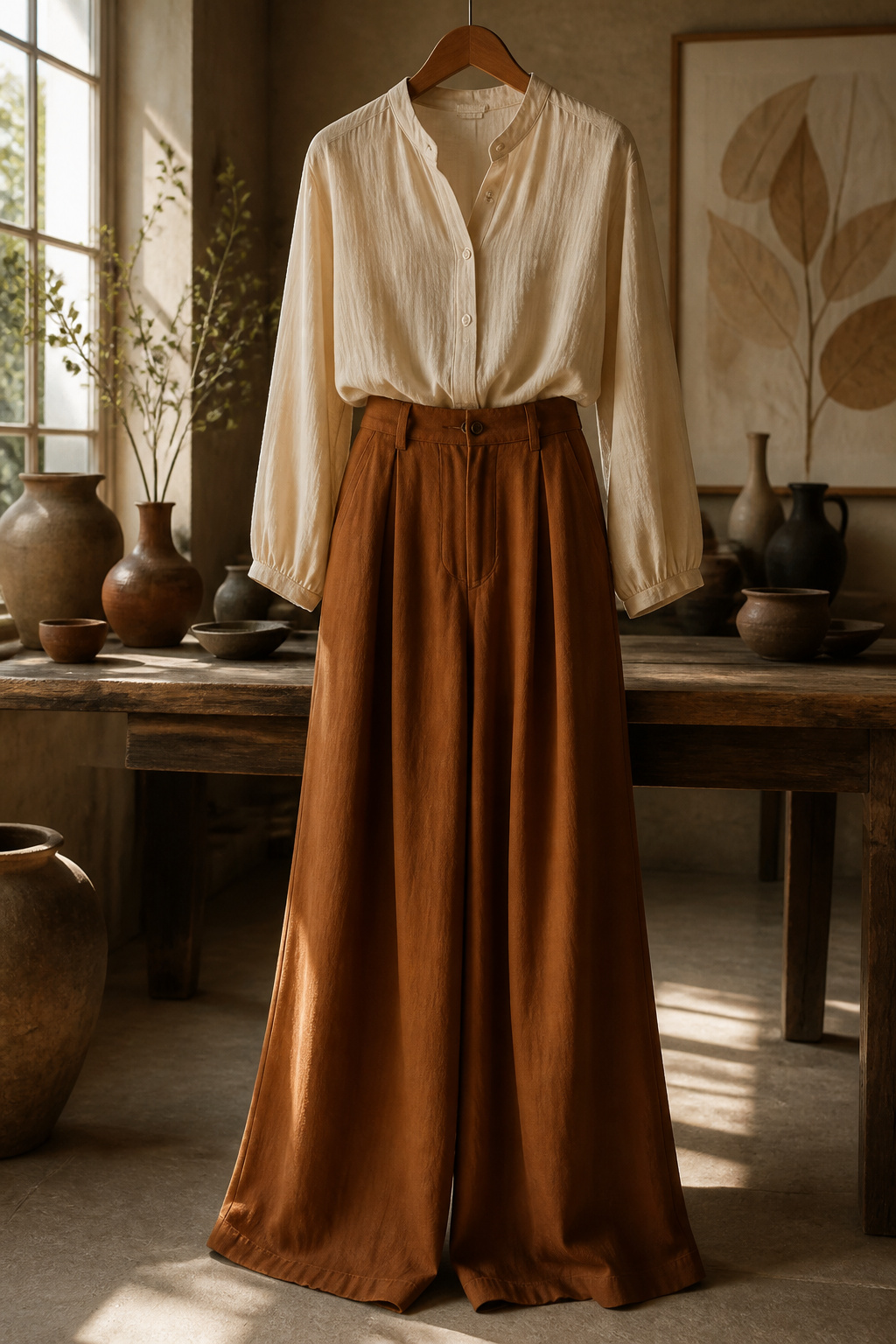 A pair of wide-leg pants displayed on a flat surface.