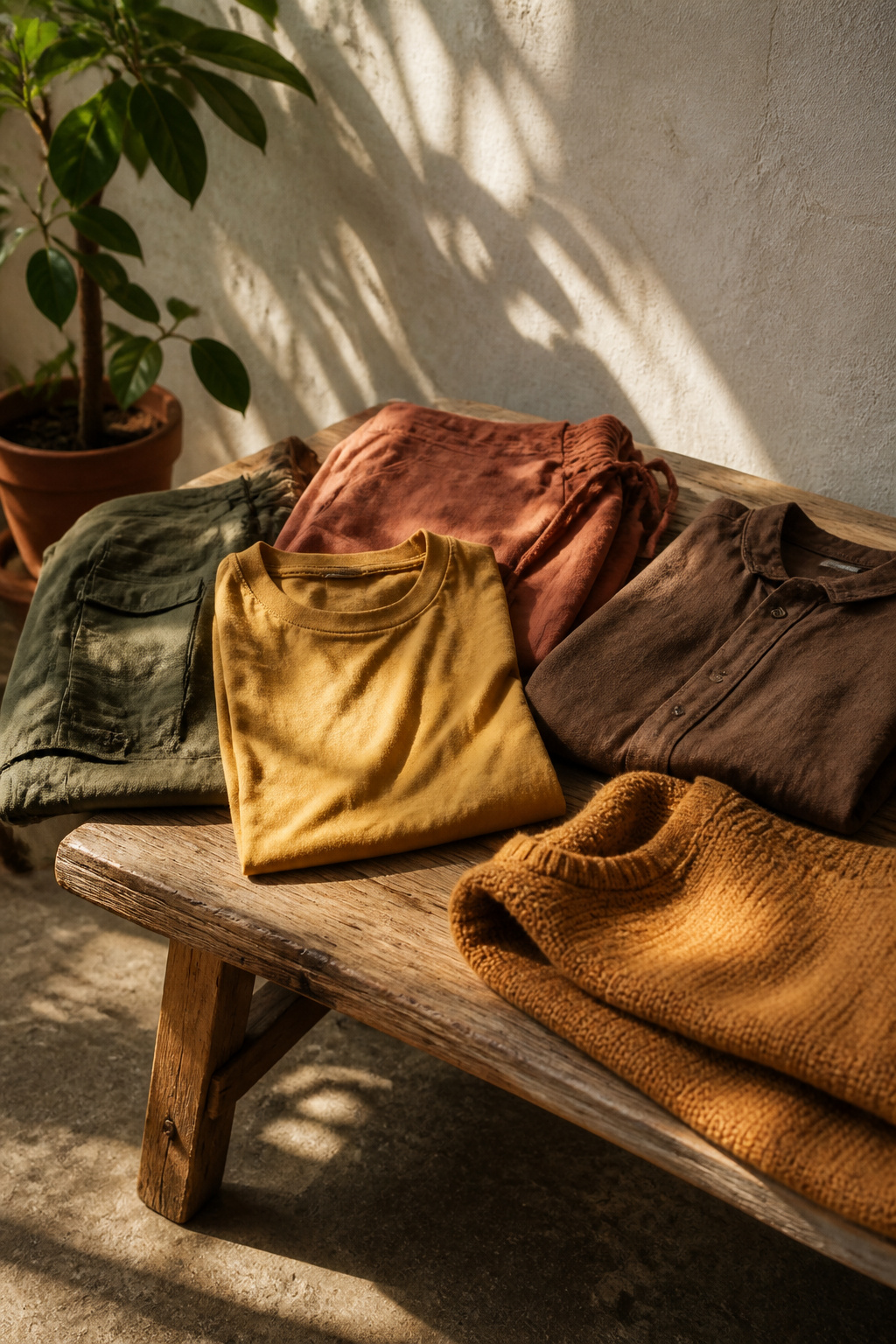 A selection of clothing in earthy colors arranged on a bench.