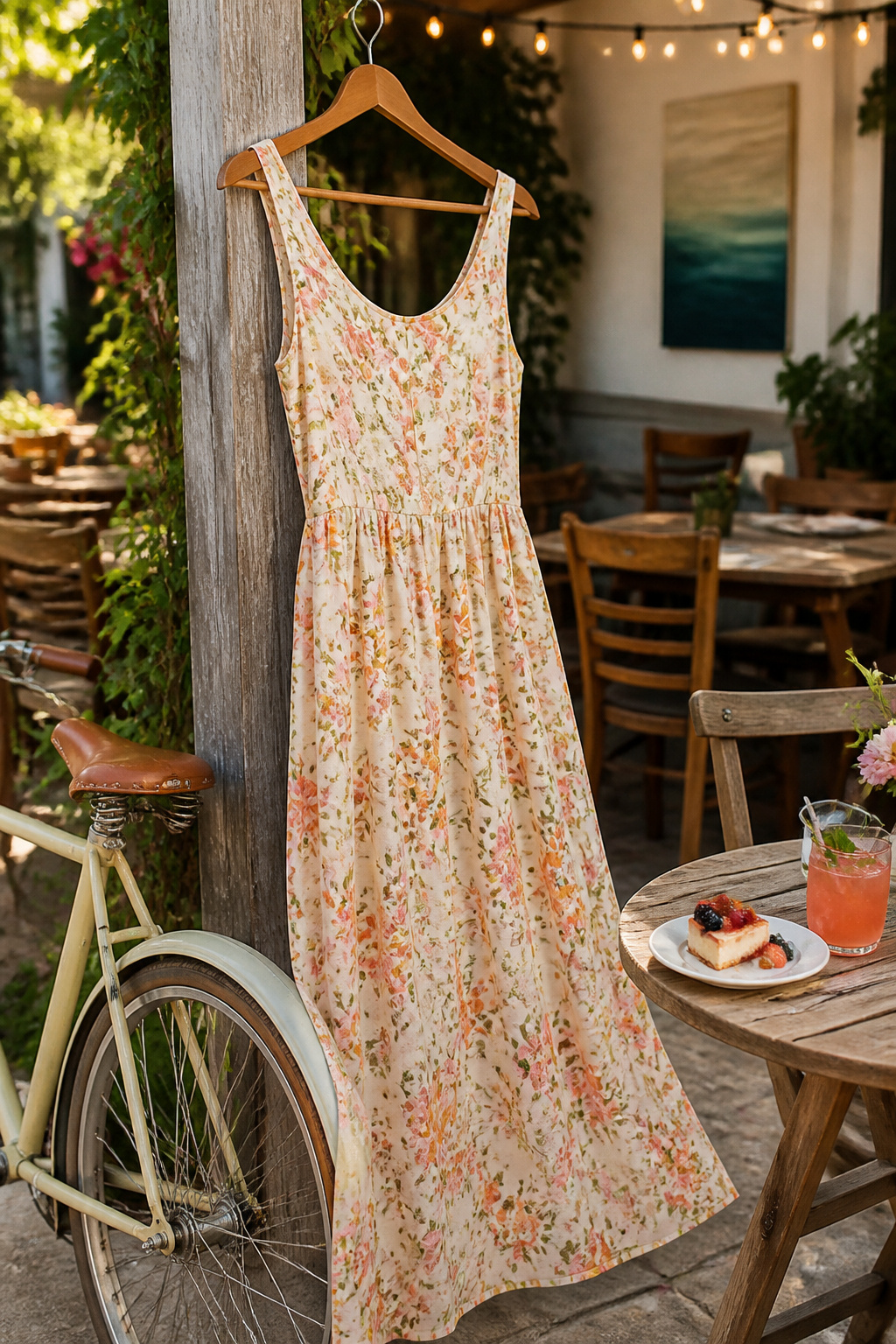 Casual sundress in a rustic outdoor café setting.