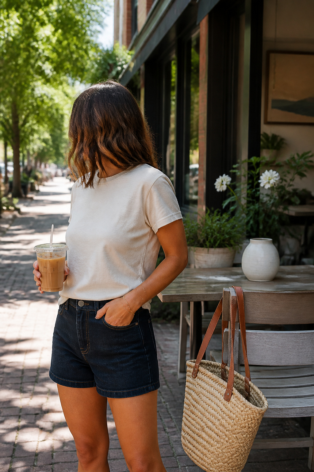 Jean shorts with a cream t-shirt in a cozy urban street.