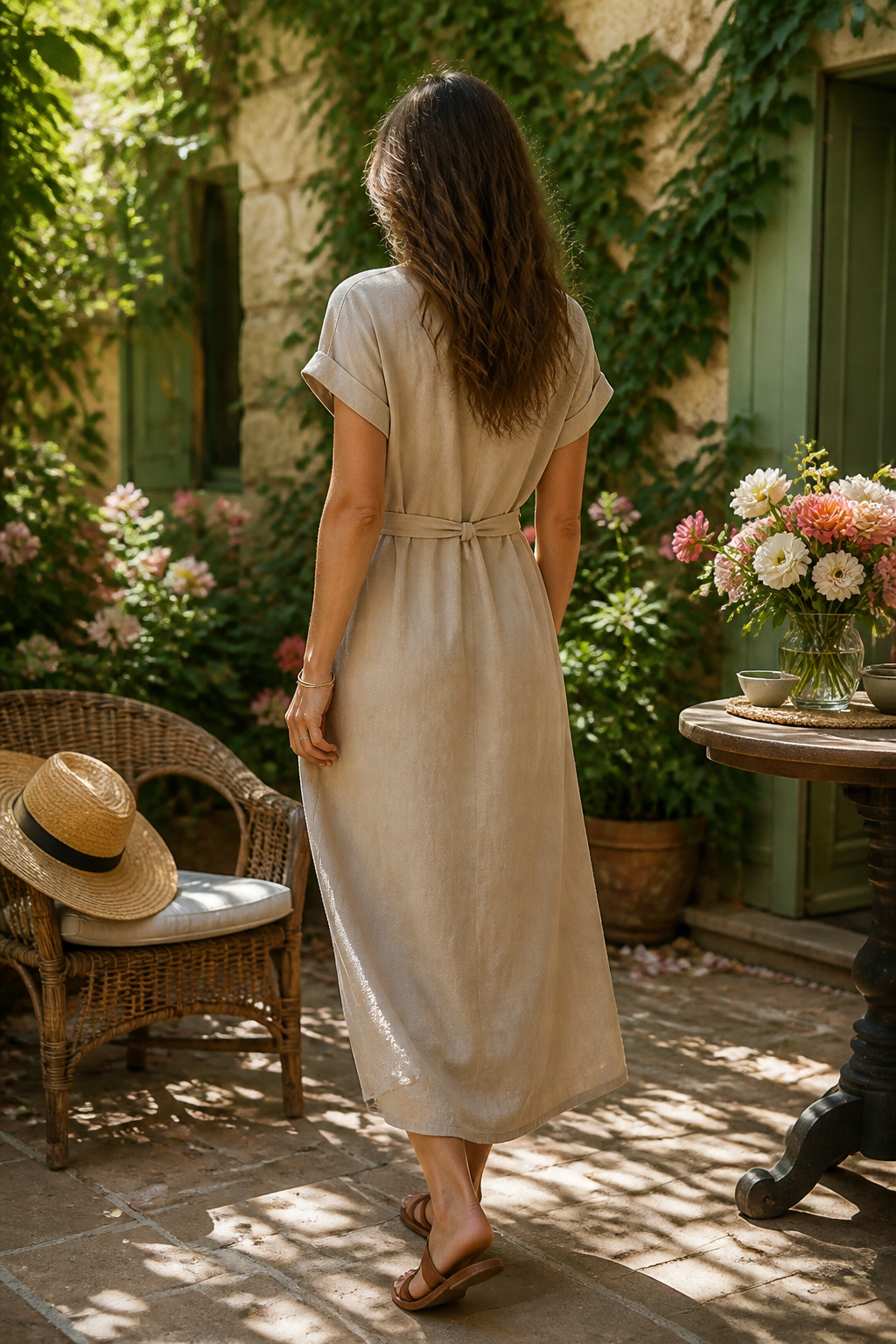 Casual dress with a tie-waist in a sun-drenched courtyard.