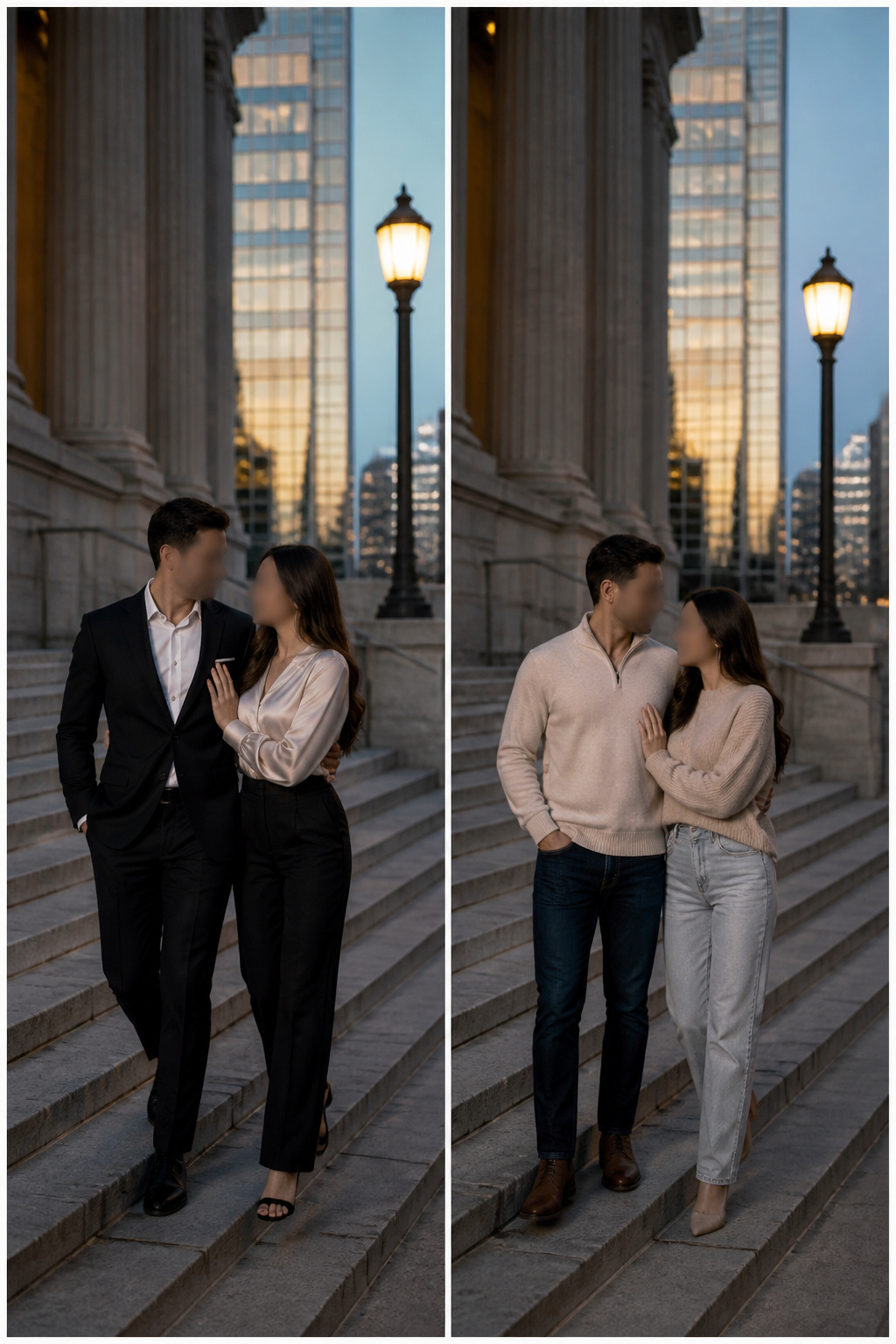 Couple dressed in formal attire against a city backdrop.
