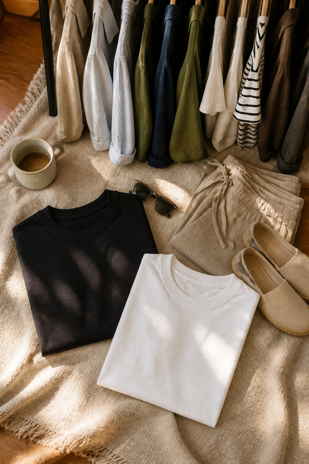 A black and a white tee shirt folded neatly.