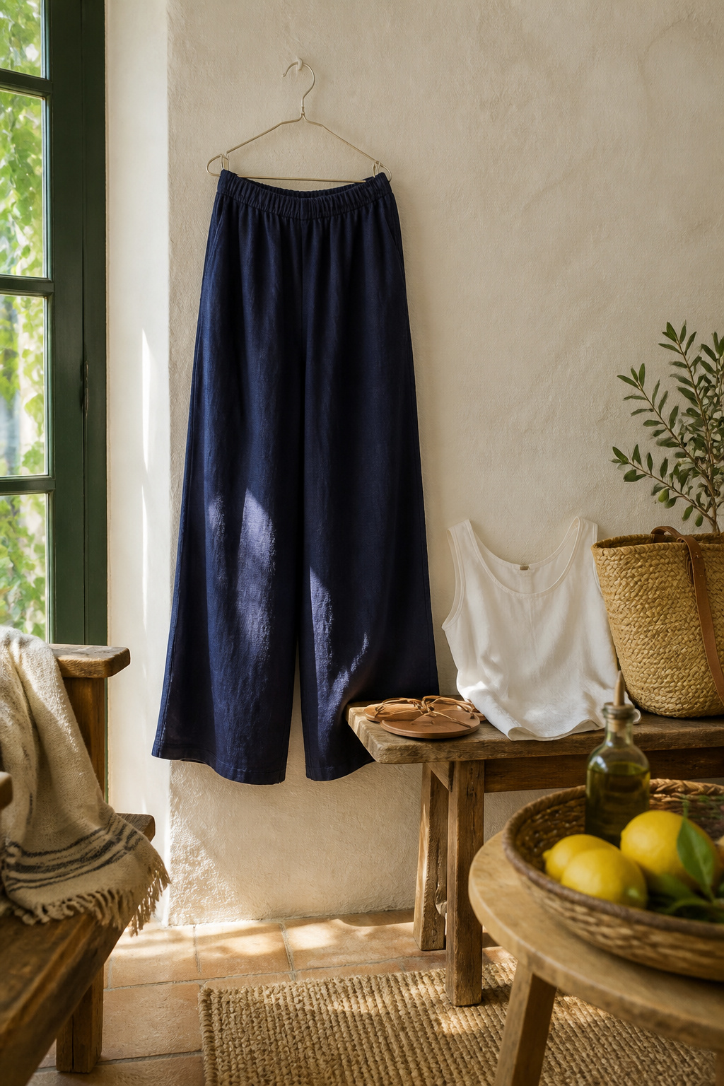 A pair of navy linen pants hung against a textured white wall.