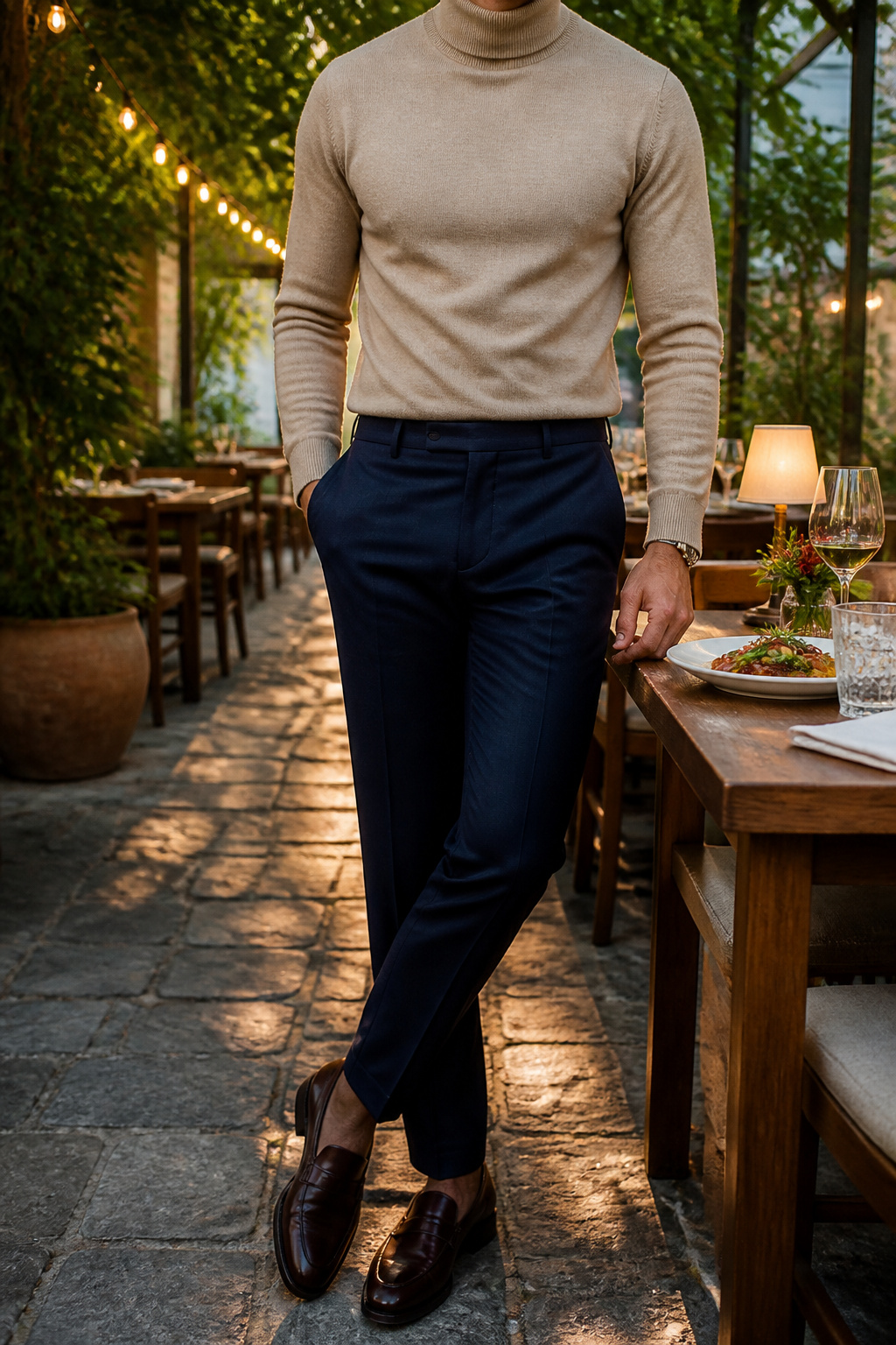 Tailored pants and a turtleneck sweater displayed together.