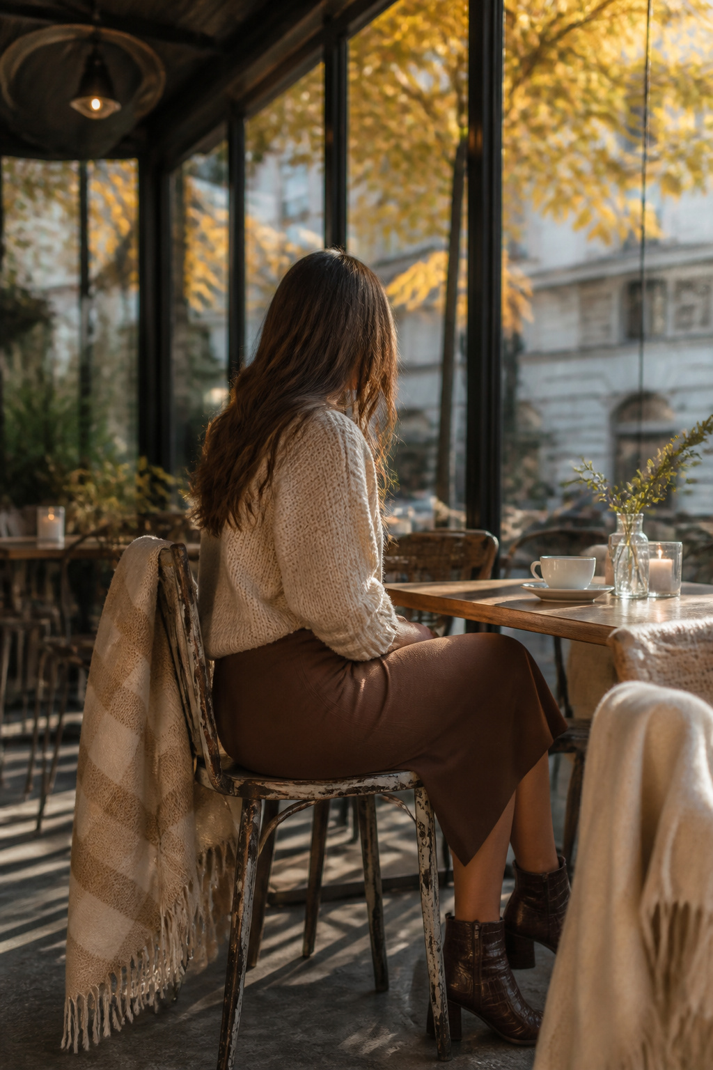 A midi skirt and chunky sweater shown together.