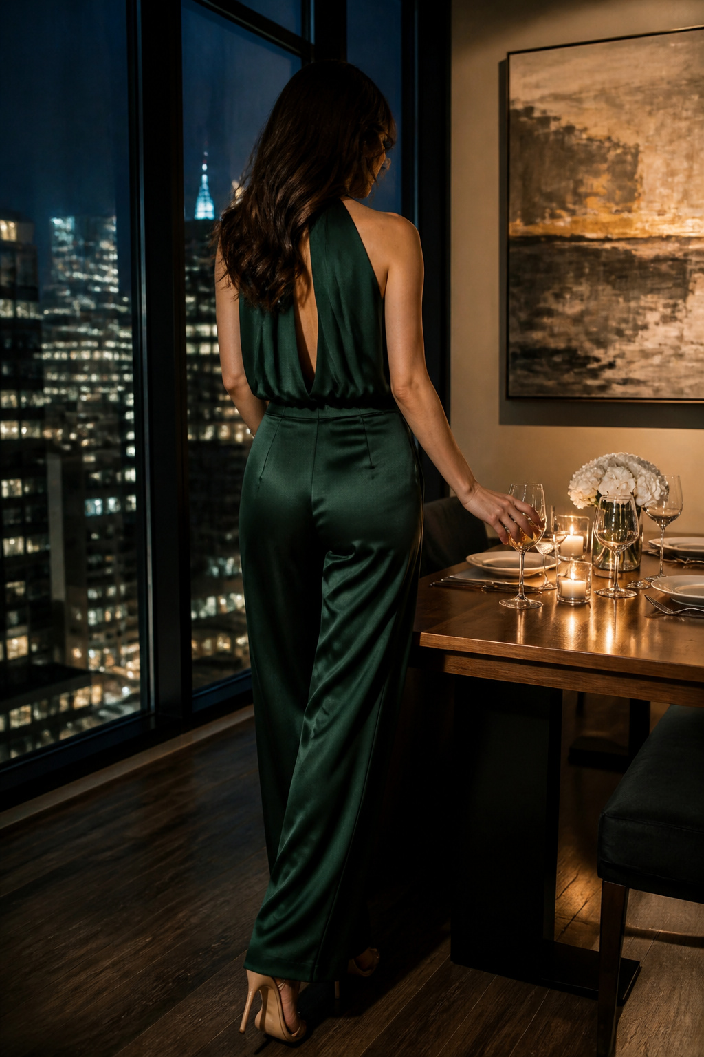 A keyhole top and satin pants presented together.