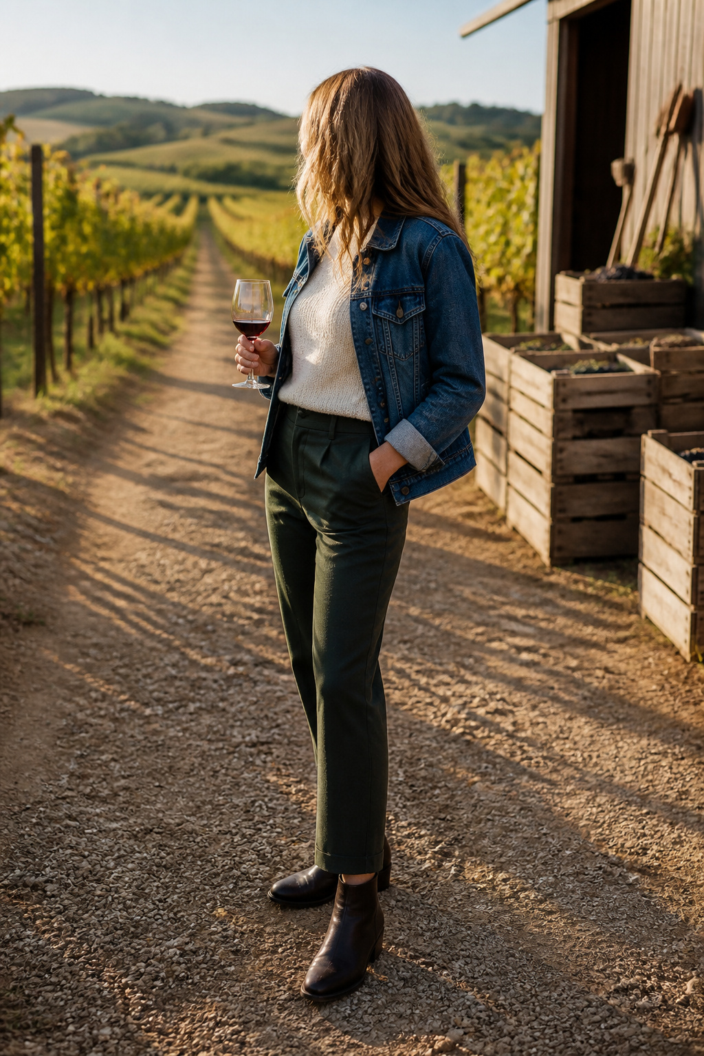 Dark brown ankle boots with dark green trousers and a cream knit.