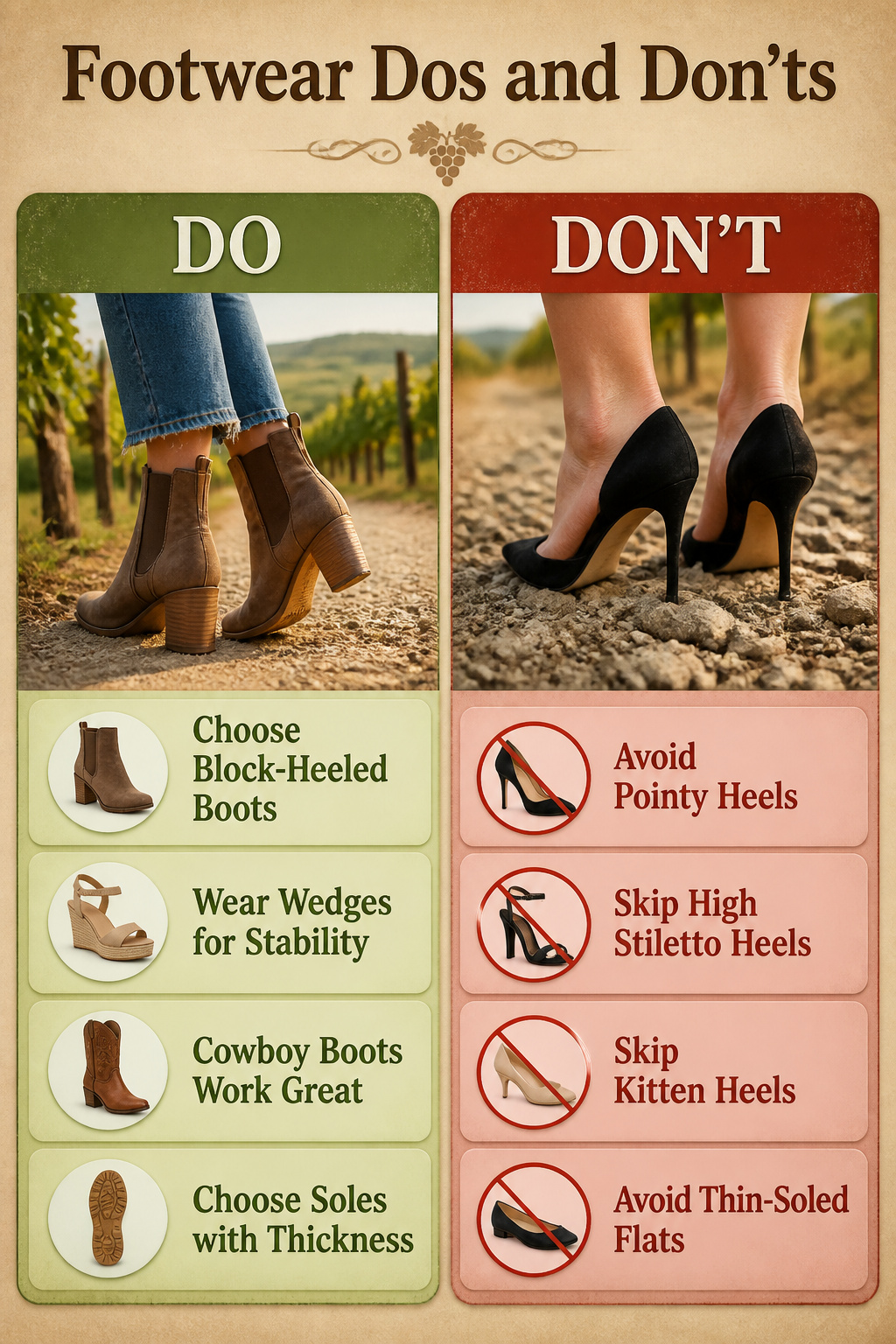 Dark block-heeled ankle boots suitable for uneven vineyard terrain.