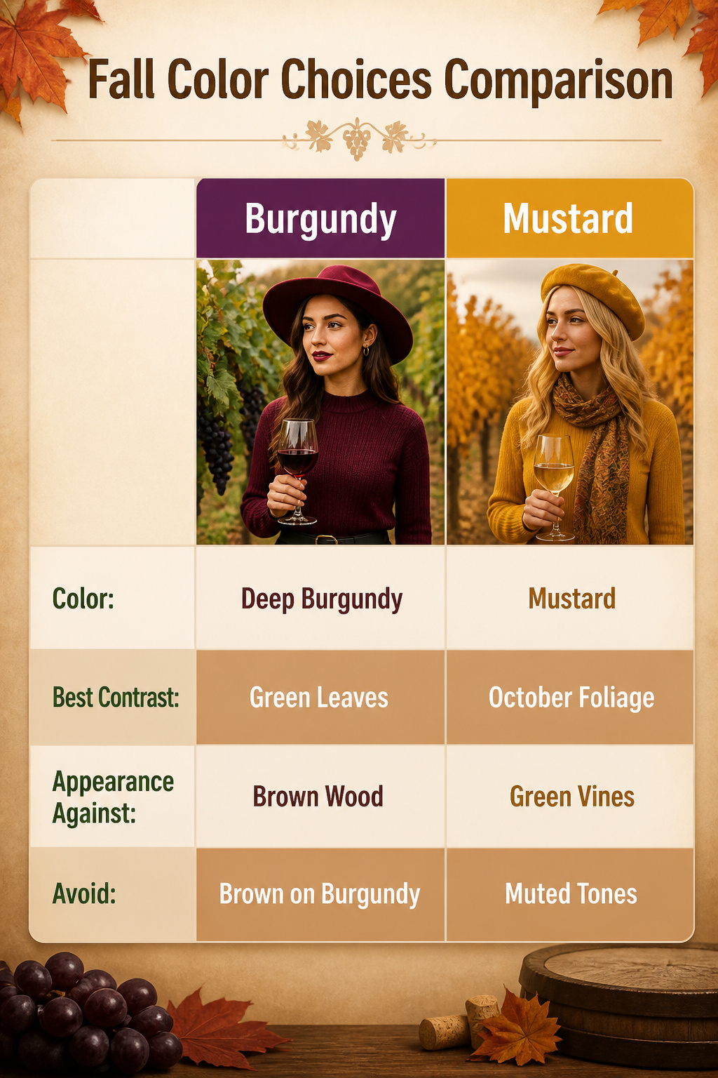 Comparison of fall color choices for winery outfits.