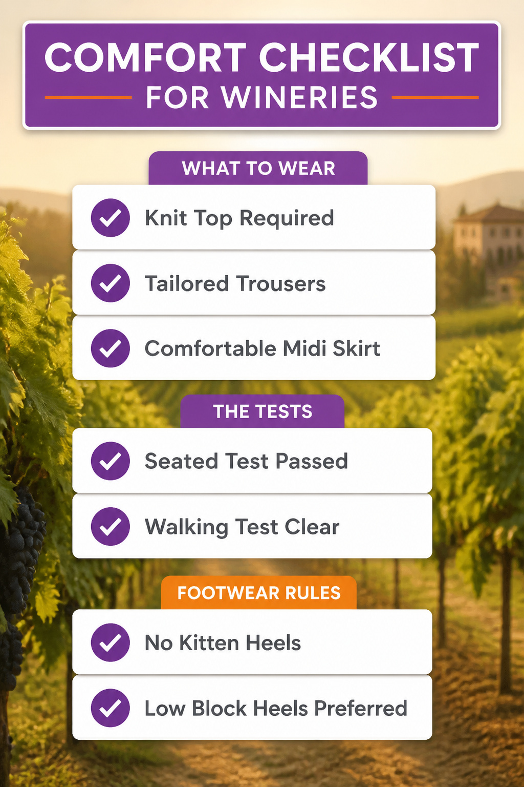 Checklist for comfortable outfits suitable for winery settings.