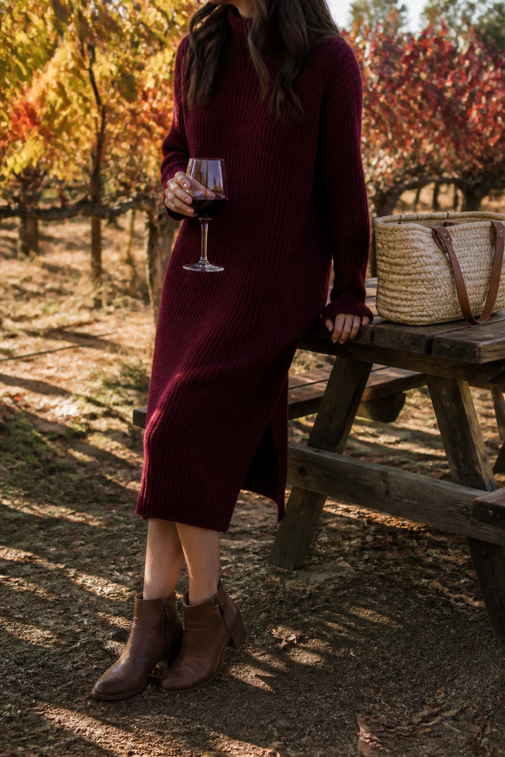 Burgundy sweater dress with ankle boots and a straw bag.
