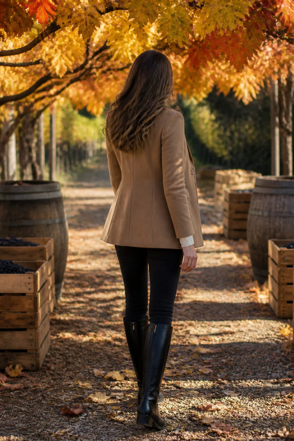 Camel wool short coat over ivory fitted top and black riding boots.