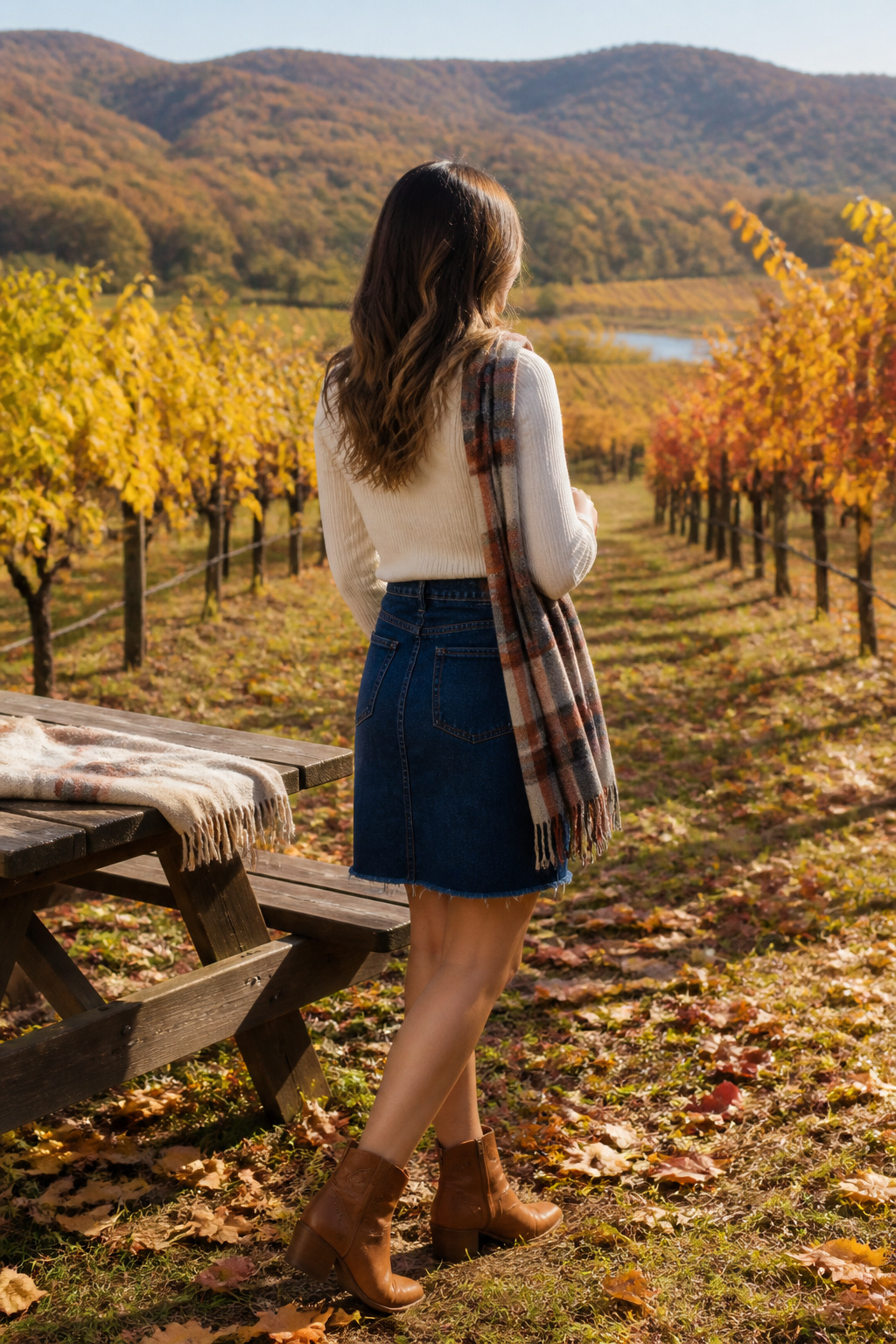 Cream mock-neck knit top paired with a mid-length denim skirt.