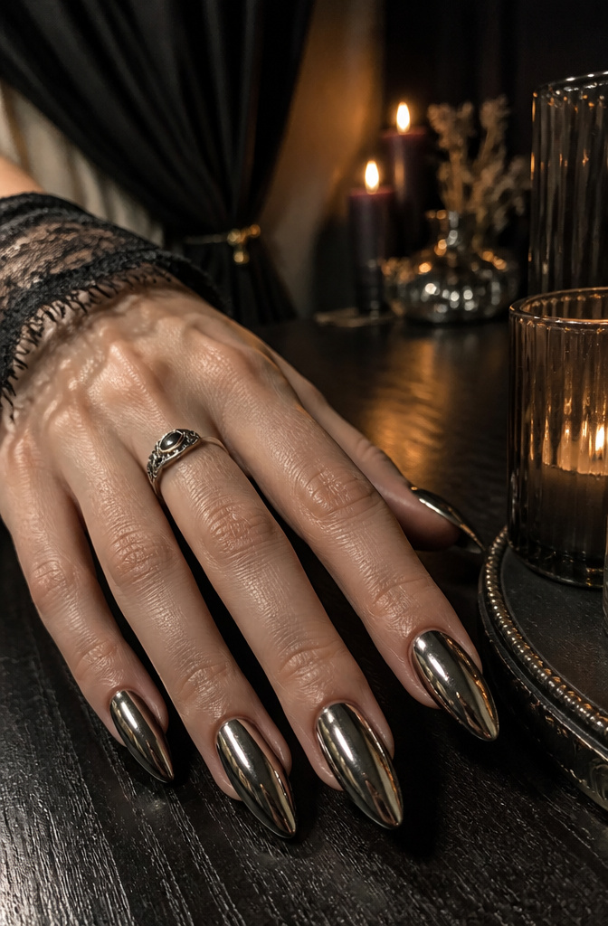 A hand with chrome nails over a black base in a dimly lit salon.